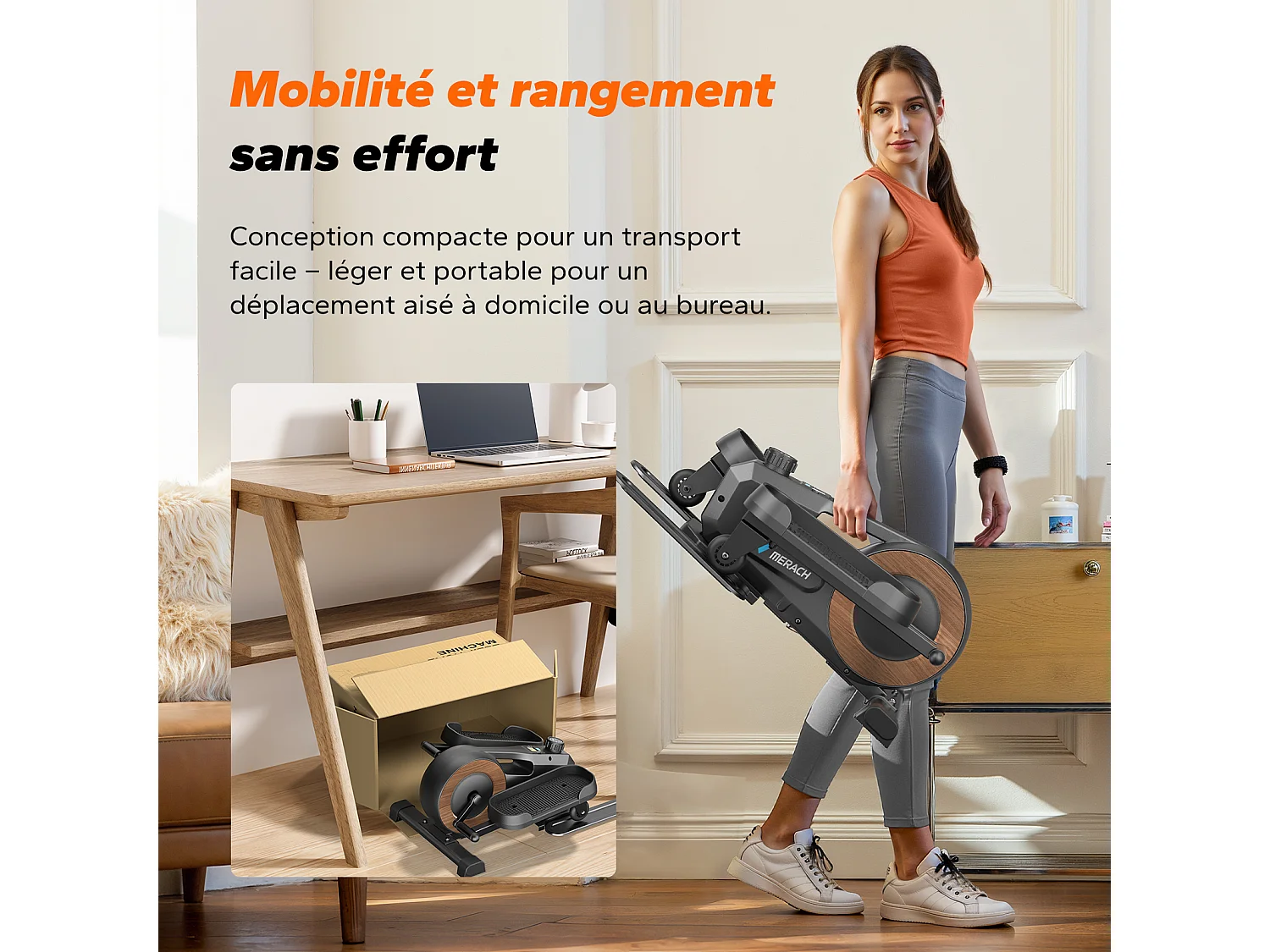 Mini elliptique MERACH, résistance magnétique manuelle, 8 vitesses, écran LCD, design silencieux, pour bureau et maison