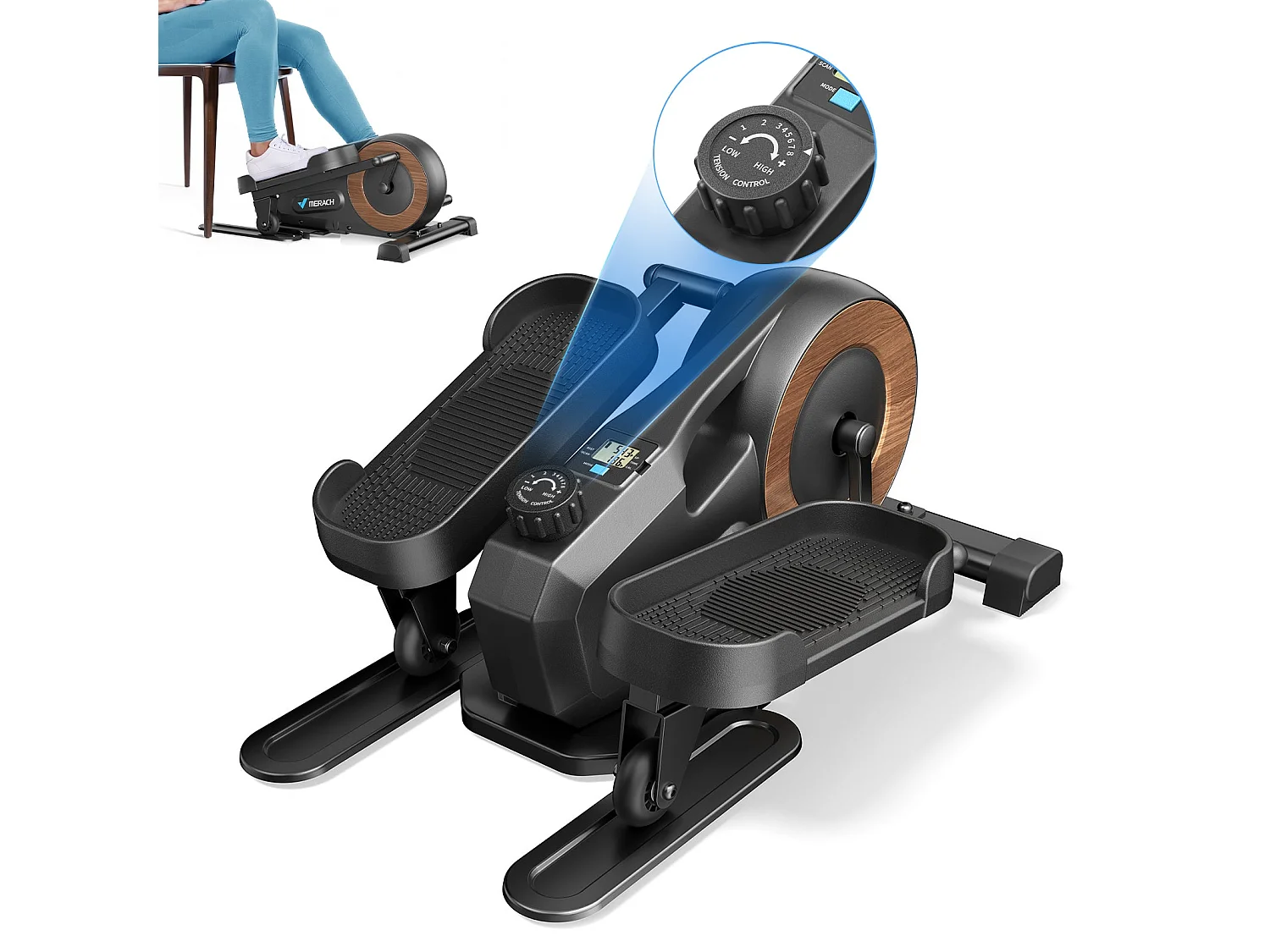 Mini ellittica MERACH, resistenza magnetica manuale, 8 velocità, schermo LCD, design silenzioso, per ufficio e casa