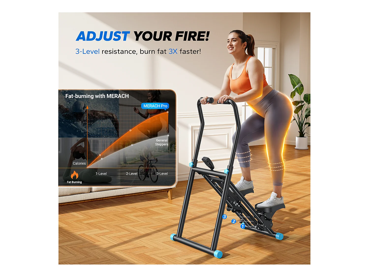 Stepper escalier vertical et pliable MERACH, 3 résistances, 3 hauteurs, guidon 3 positions, écran LCD, gain de place
