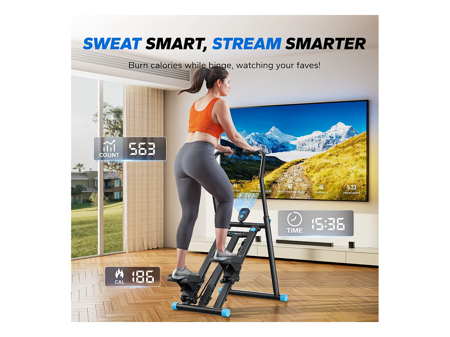 Stepper escalier vertical et pliable MERACH, 3 résistances, 3 hauteurs, guidon 3 positions, écran LCD, gain de place