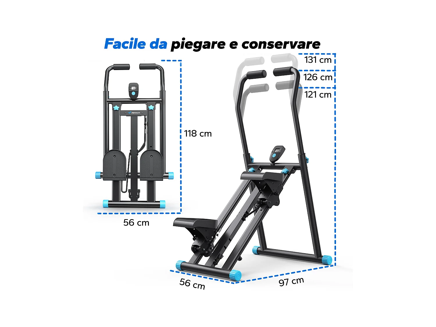 Stepper escalier vertical et pliable MERACH, 3 résistances, 3 hauteurs, guidon 3 positions, écran LCD, gain de place