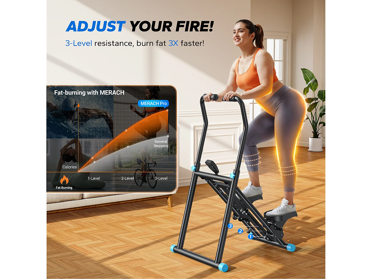 Stepper escalier vertical et pliable MERACH, 3 résistances, 3 hauteurs, guidon 3 positions, écran LCD, gain de place