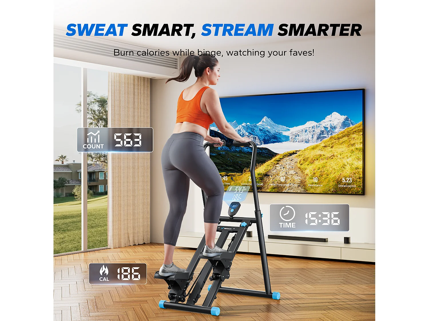 Stepper escalier vertical et pliable MERACH, 3 résistances, 3 hauteurs, guidon 3 positions, écran LCD, gain de place