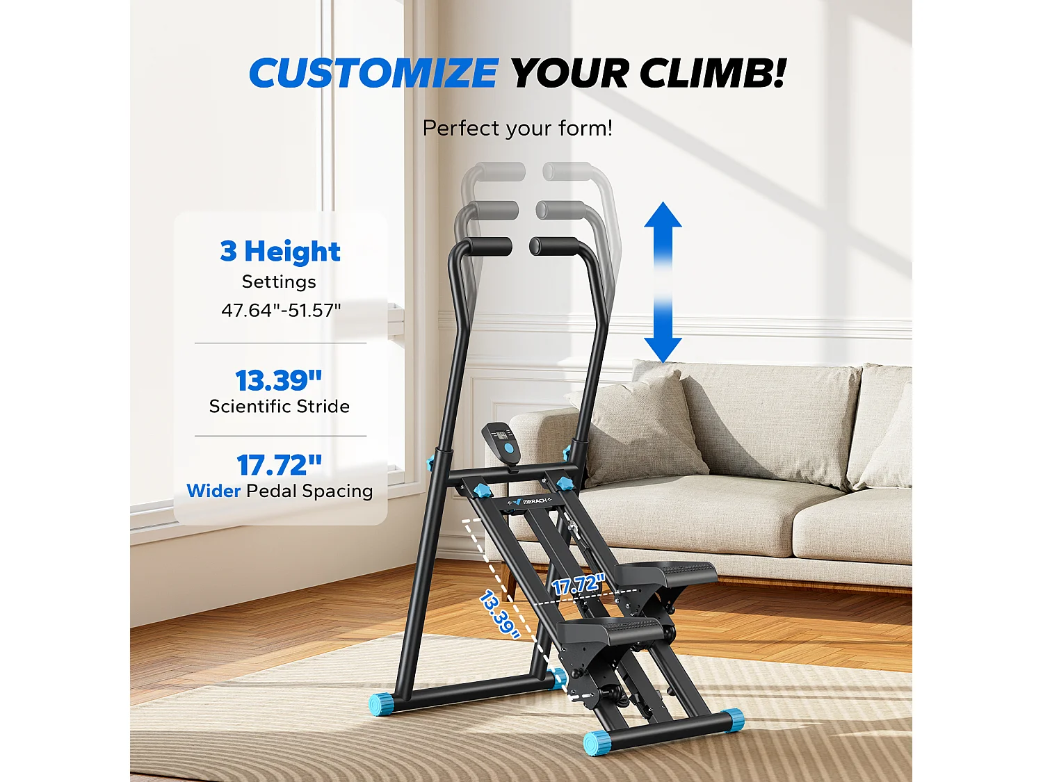 Stepper escalier vertical et pliable MERACH, 3 résistances, 3 hauteurs, guidon 3 positions, écran LCD, gain de place