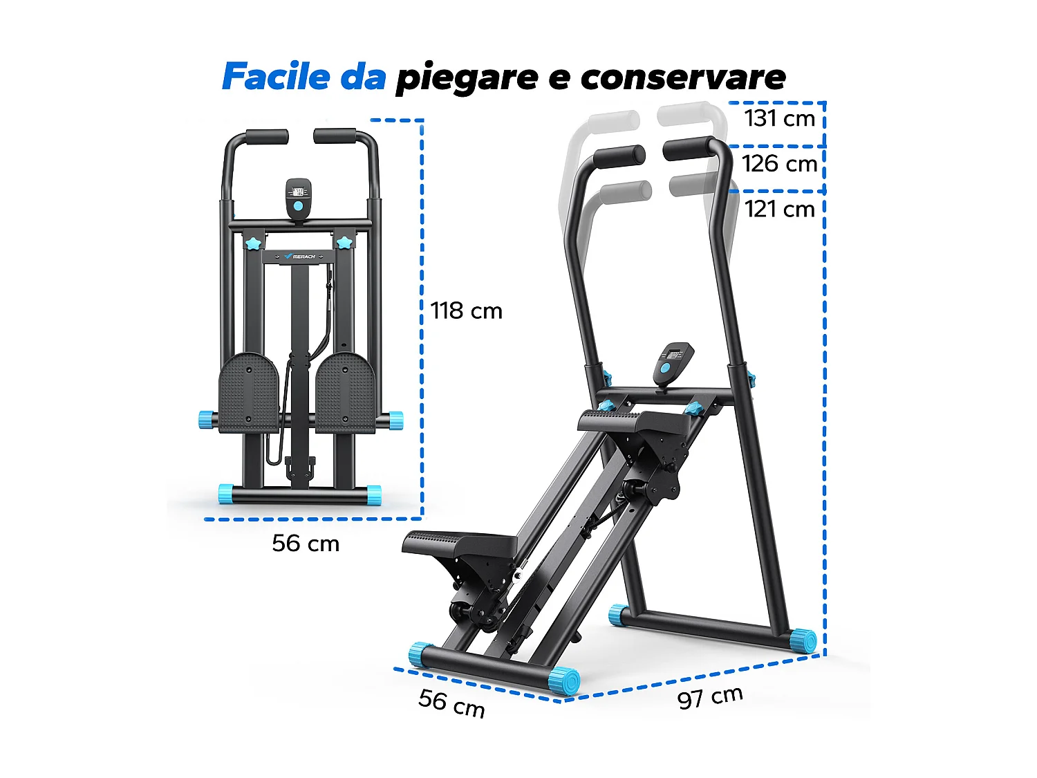 Stepper escalier vertical et pliable MERACH, 3 résistances, 3 hauteurs, guidon 3 positions, écran LCD, gain de place