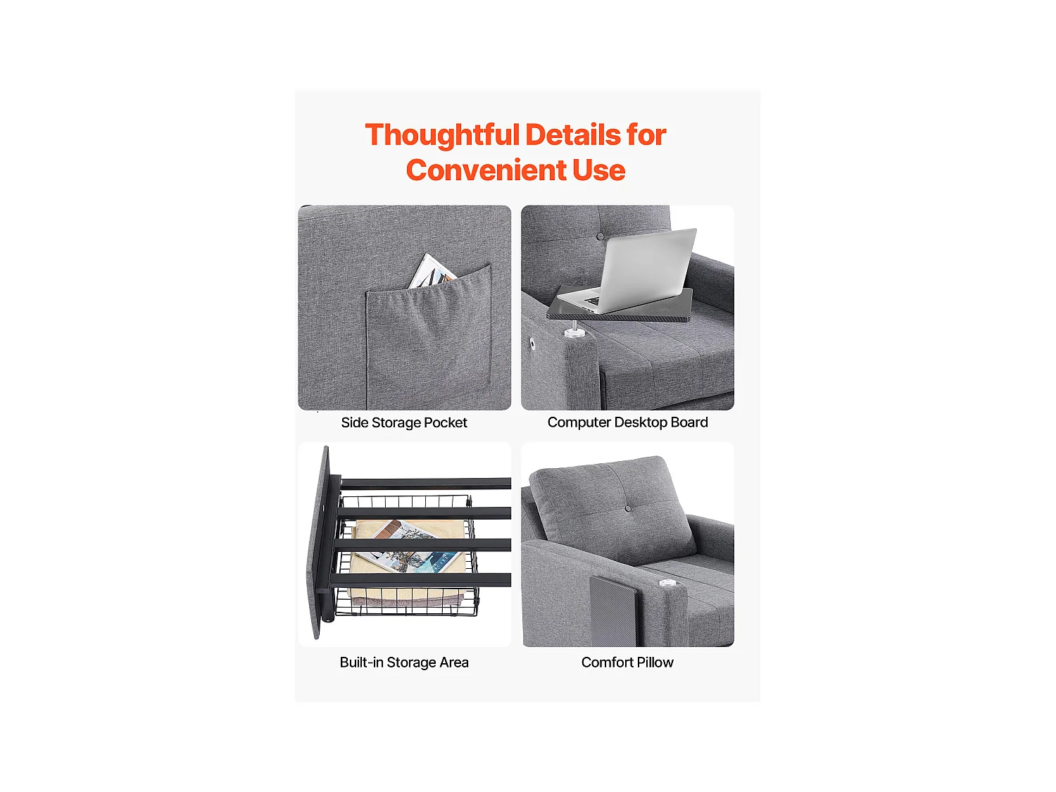 Canapé-Lit Convertible SucceBuy, pour Bureau Dossier Réglable sur 5 Niveaux, Gris