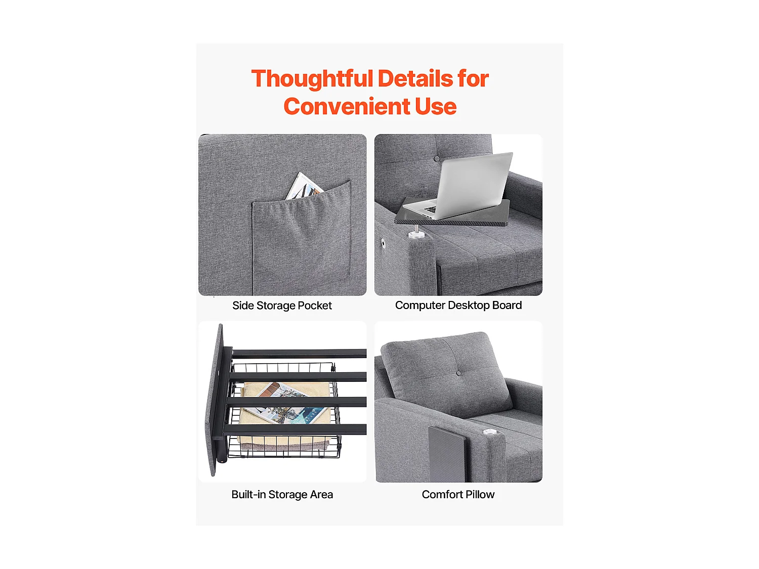 Canapé-Lit Convertible SucceBuy, pour Bureau Dossier Réglable sur 5 Niveaux, Gris