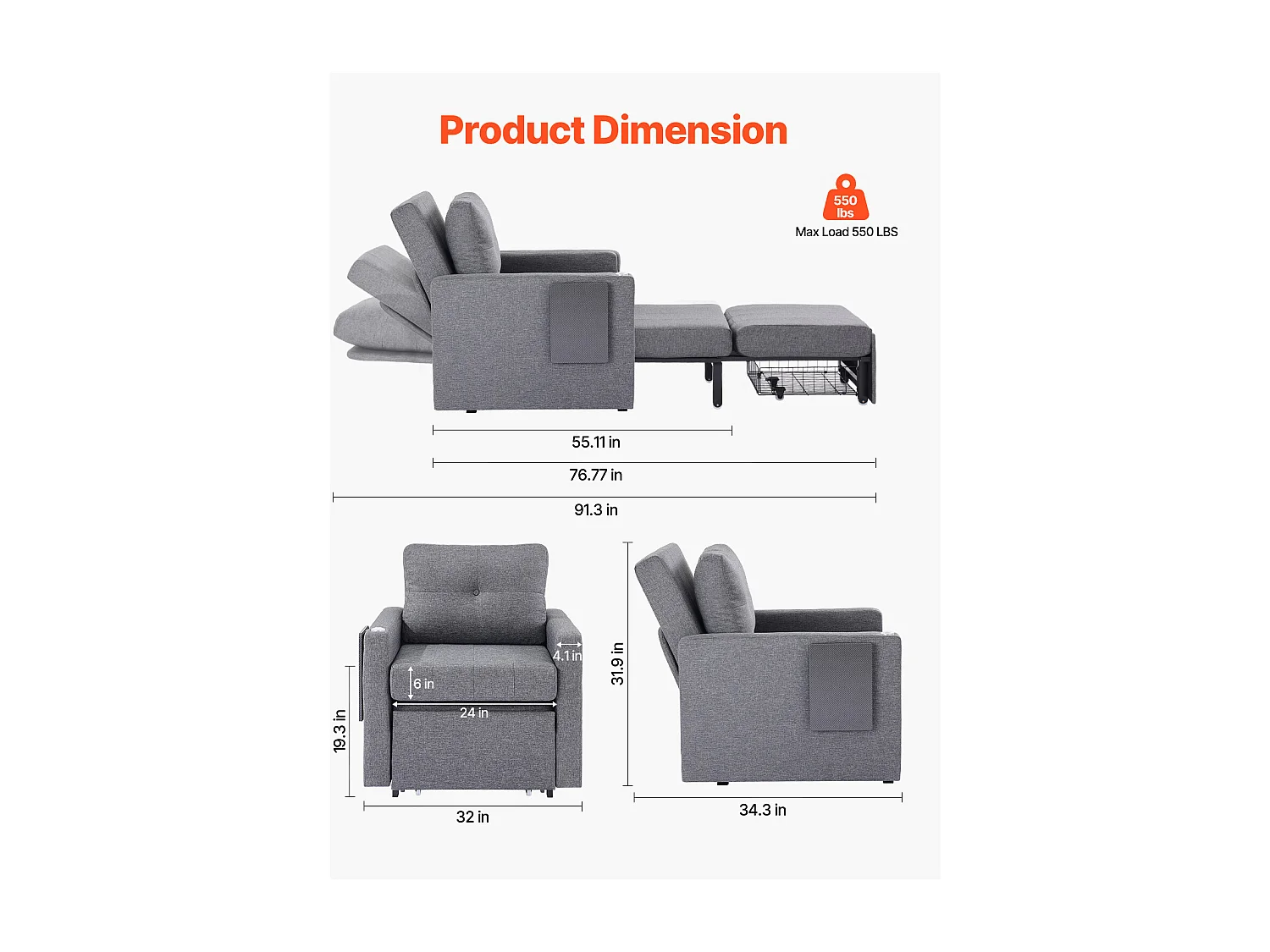 Canapé-Lit Convertible SucceBuy, pour Bureau Dossier Réglable sur 5 Niveaux, Gris