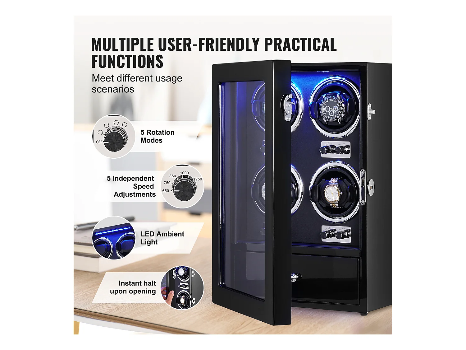 Automatische Horlogekast SucceBuy, voor 4 Automatische Horloges met 4 Atille Mabuchi-Motoren