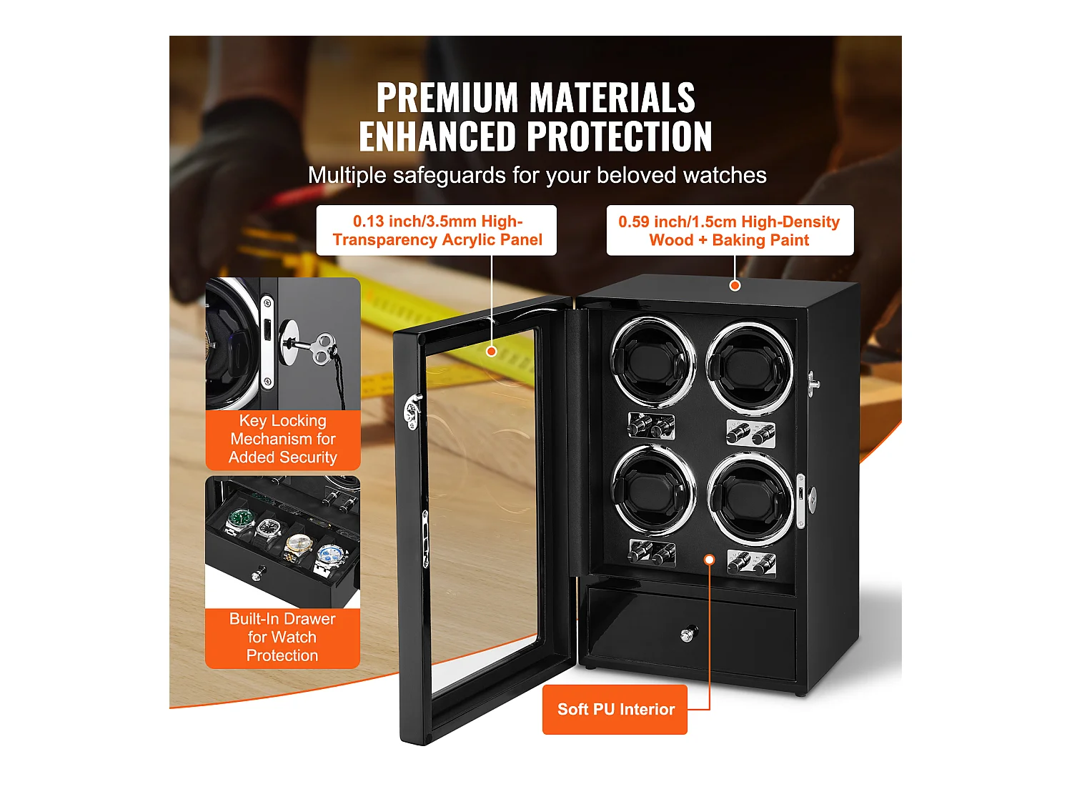 Automatische Horlogekast SucceBuy, voor 4 Automatische Horloges met 4 Atille Mabuchi-Motoren