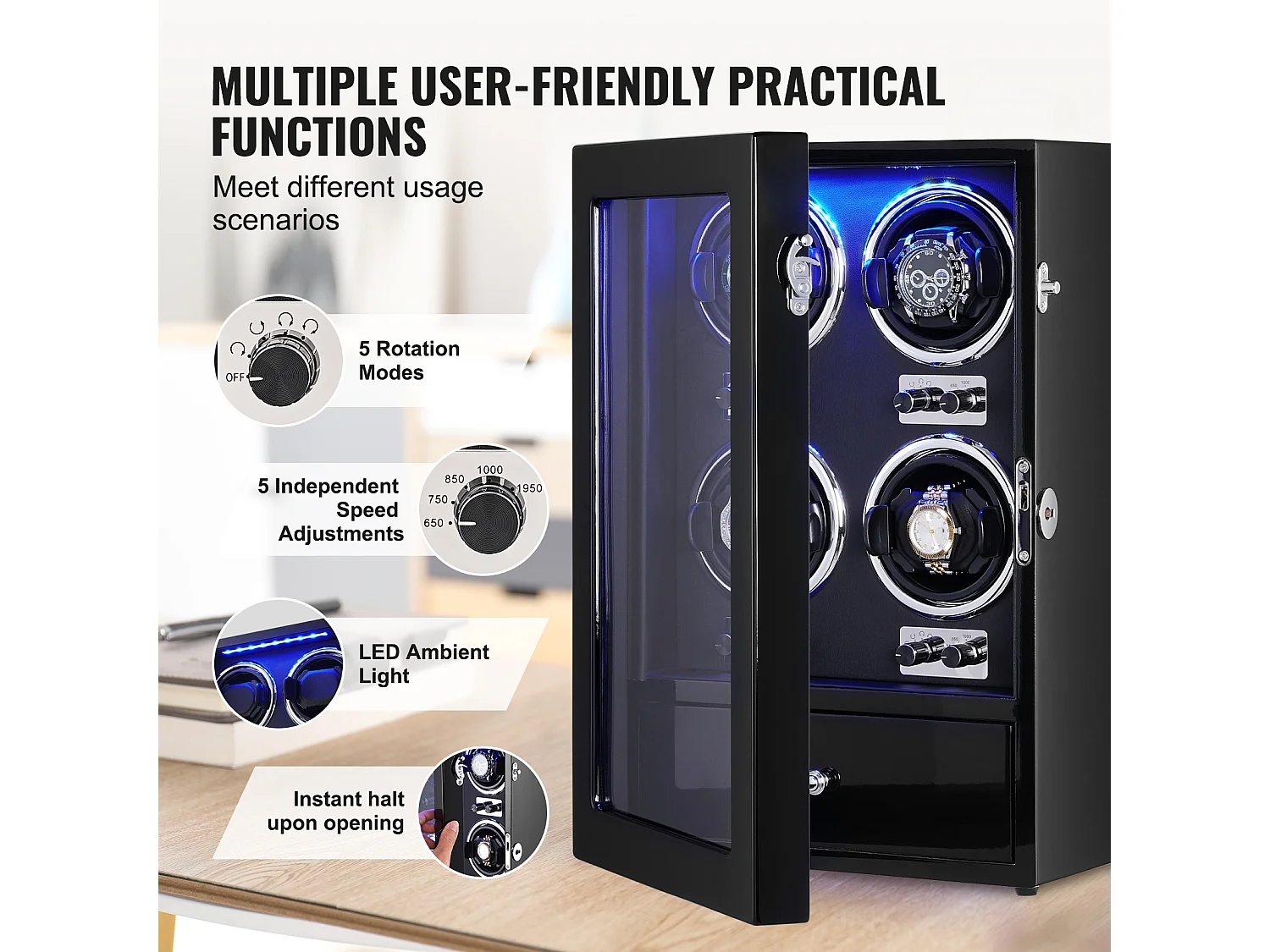 Cargador de Relojes Automáticos SucceBuy, para 4 Relojes Automáticos con 4 Motores Mabuchi Silenciosos