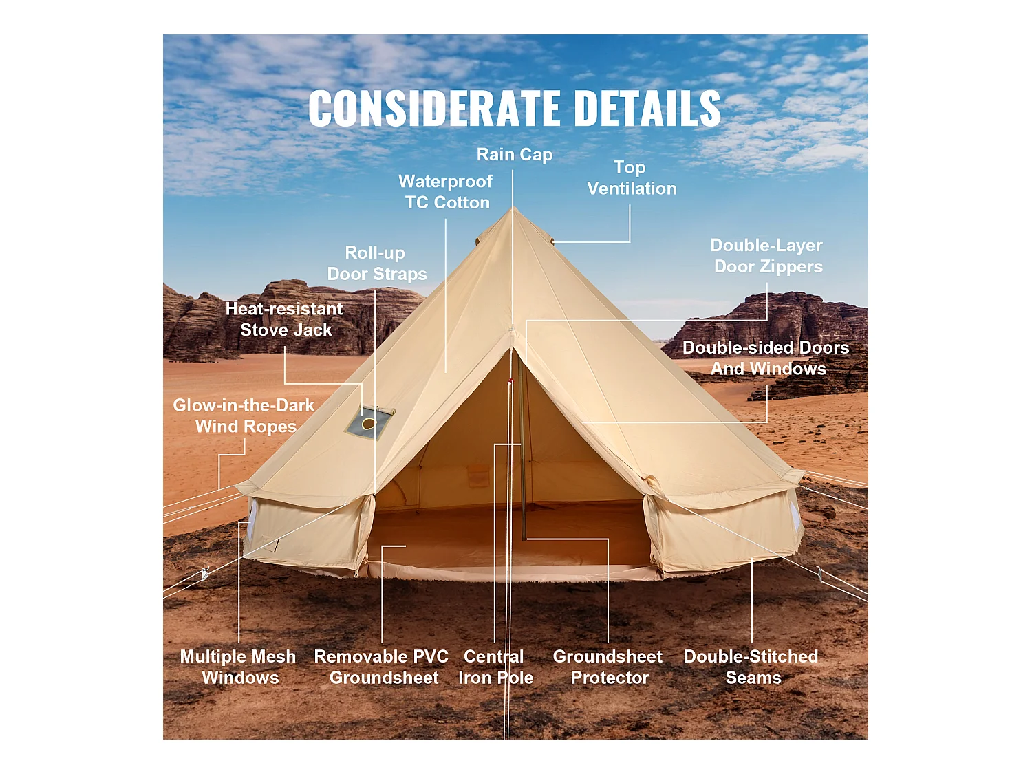 Tente Cloche Toile SucceBuy, 4 Saisons 6 m pour Camping Familial avec Trou de Poêle