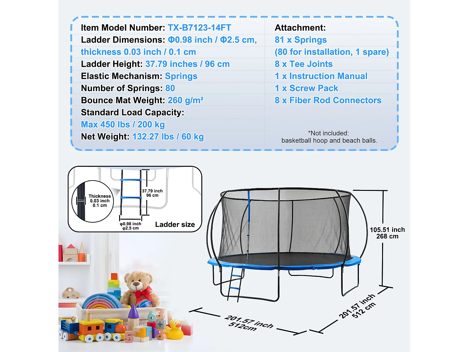 Trampoline Récréatif Extérieur SucceBuy, 426,7 cm pour Enfants avec Filet de Sécurité