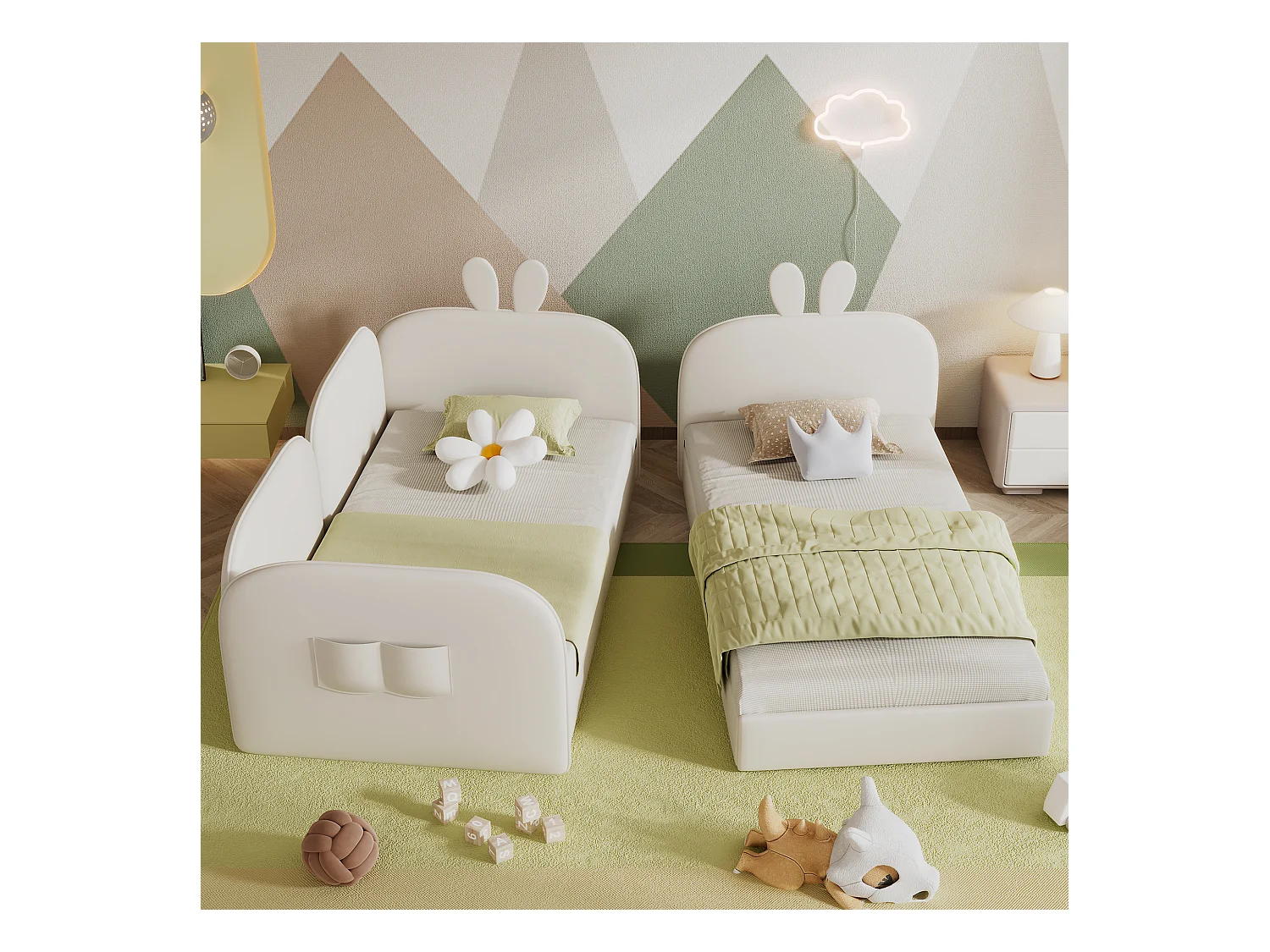 Gestoffeerd konijnenhoofdeinde, kinderbed, 2 eenpersoonsbedden met gestoffeerde hoes, tweepersoonsbed, fluweel, beige, 90 x 200 cm en 180 x 200 cm