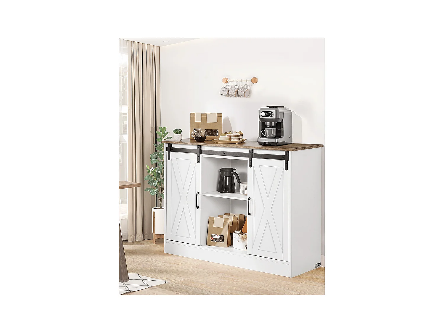 Meuble de Bar à Café SucceBuy, 106 x 40 x 81,5 cm, à 3 Niveaux avec Portes de Grange