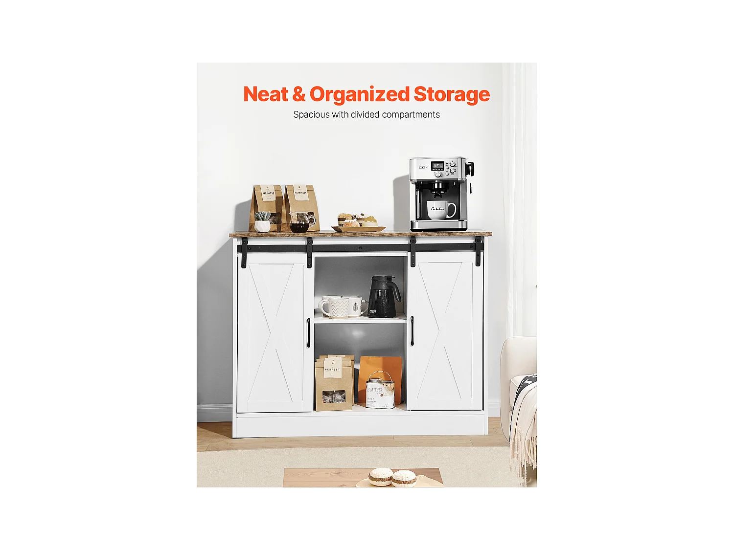 Meuble de Bar à Café SucceBuy, 106 x 40 x 81,5 cm, à 3 Niveaux avec Portes de Grange