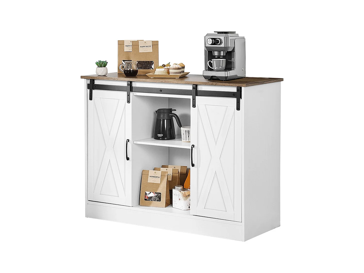 Meuble de Bar à Café SucceBuy, 106 x 40 x 81,5 cm, à 3 Niveaux avec Portes de Grange