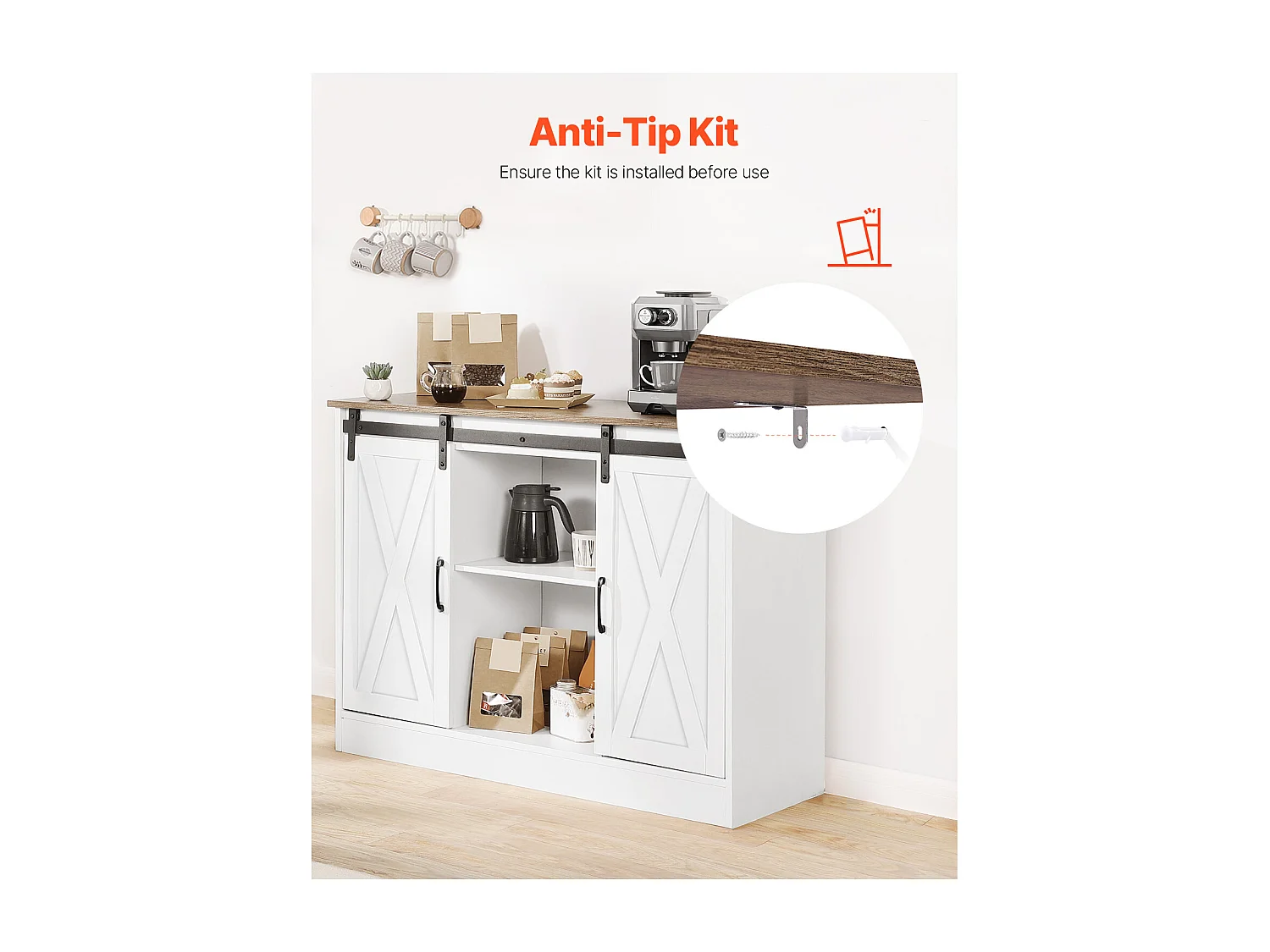 Meuble de Bar à Café SucceBuy, 106 x 40 x 81,5 cm, à 3 Niveaux avec Portes de Grange