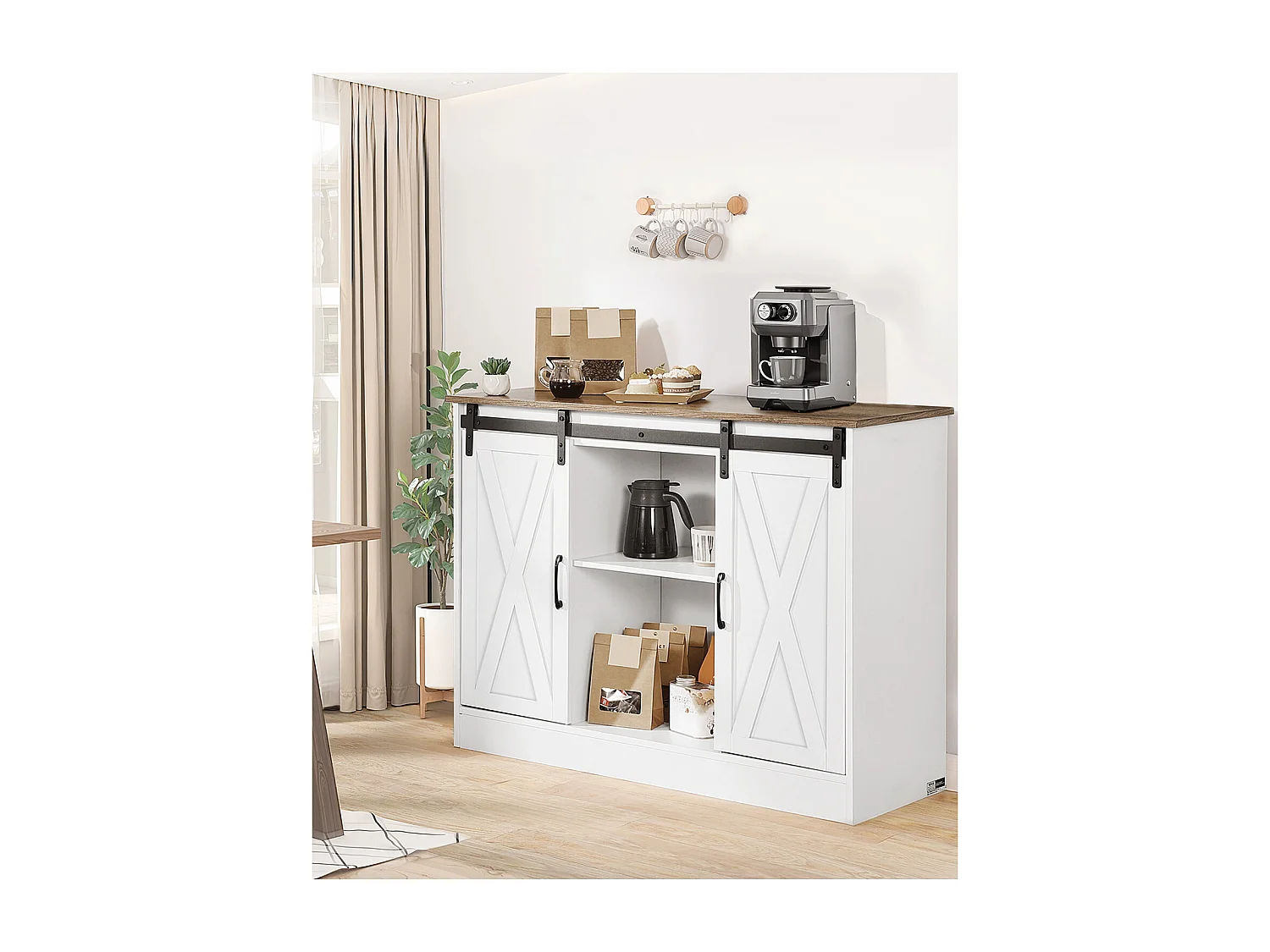 Meuble de Bar à Café SucceBuy, 106 x 40 x 81,5 cm, à 3 Niveaux avec Portes de Grange