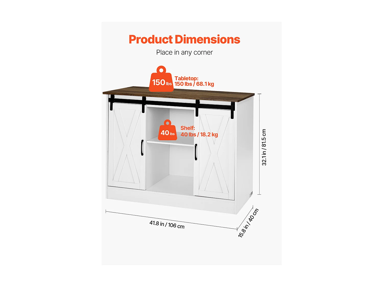 Meuble de Bar à Café SucceBuy, 106 x 40 x 81,5 cm, à 3 Niveaux avec Portes de Grange