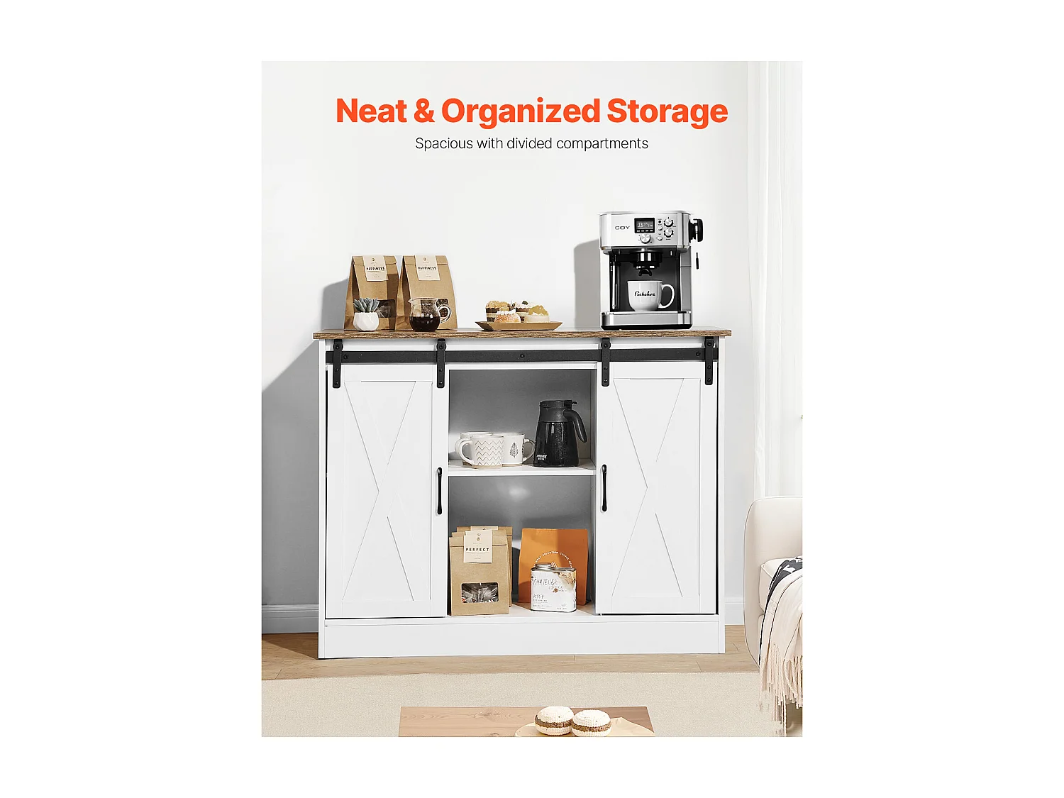 Meuble de Bar à Café SucceBuy, 106 x 40 x 81,5 cm, à 3 Niveaux avec Portes de Grange