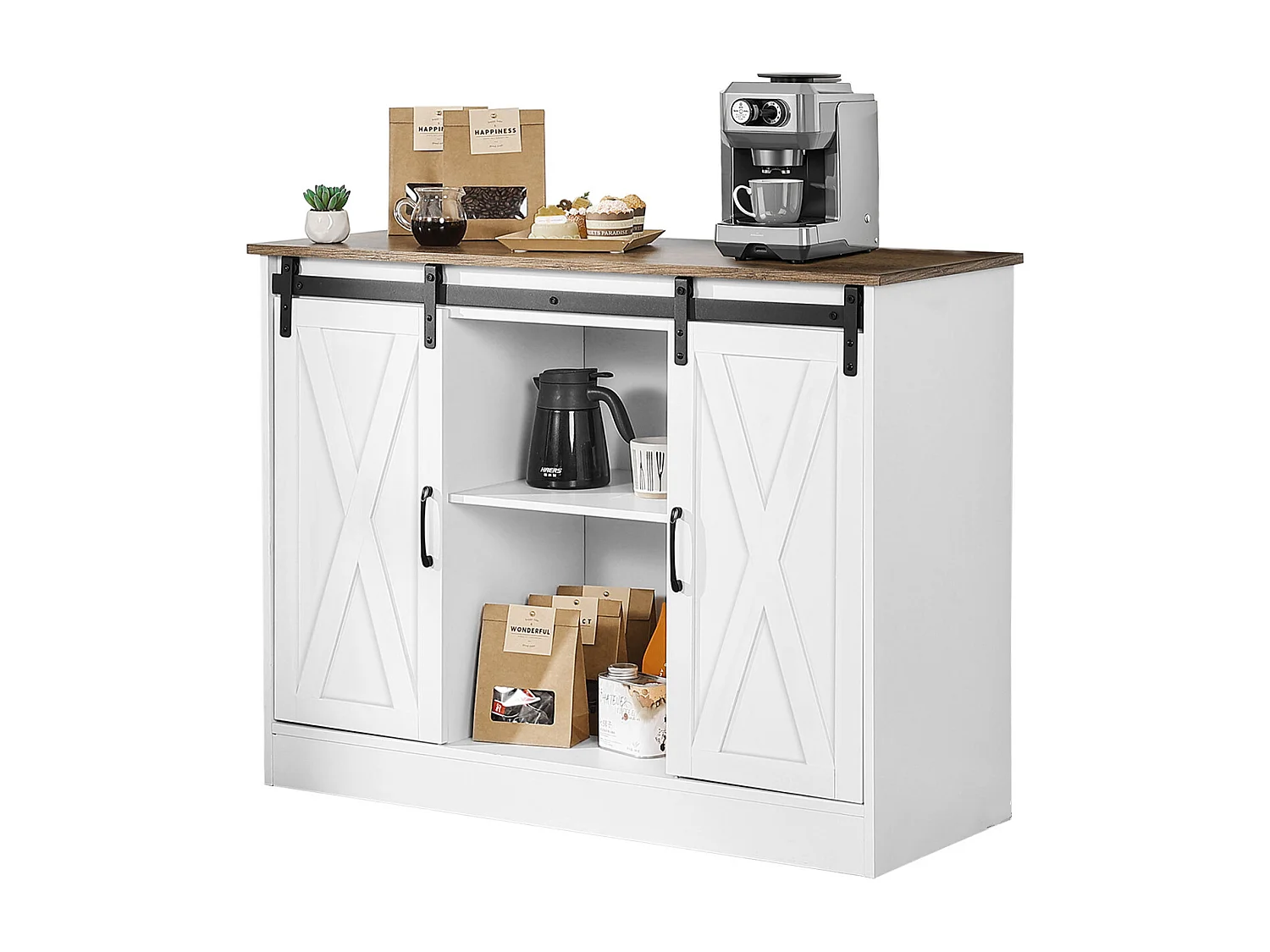 Meuble de Bar à Café SucceBuy, 106 x 40 x 81,5 cm, à 3 Niveaux avec Portes de Grange