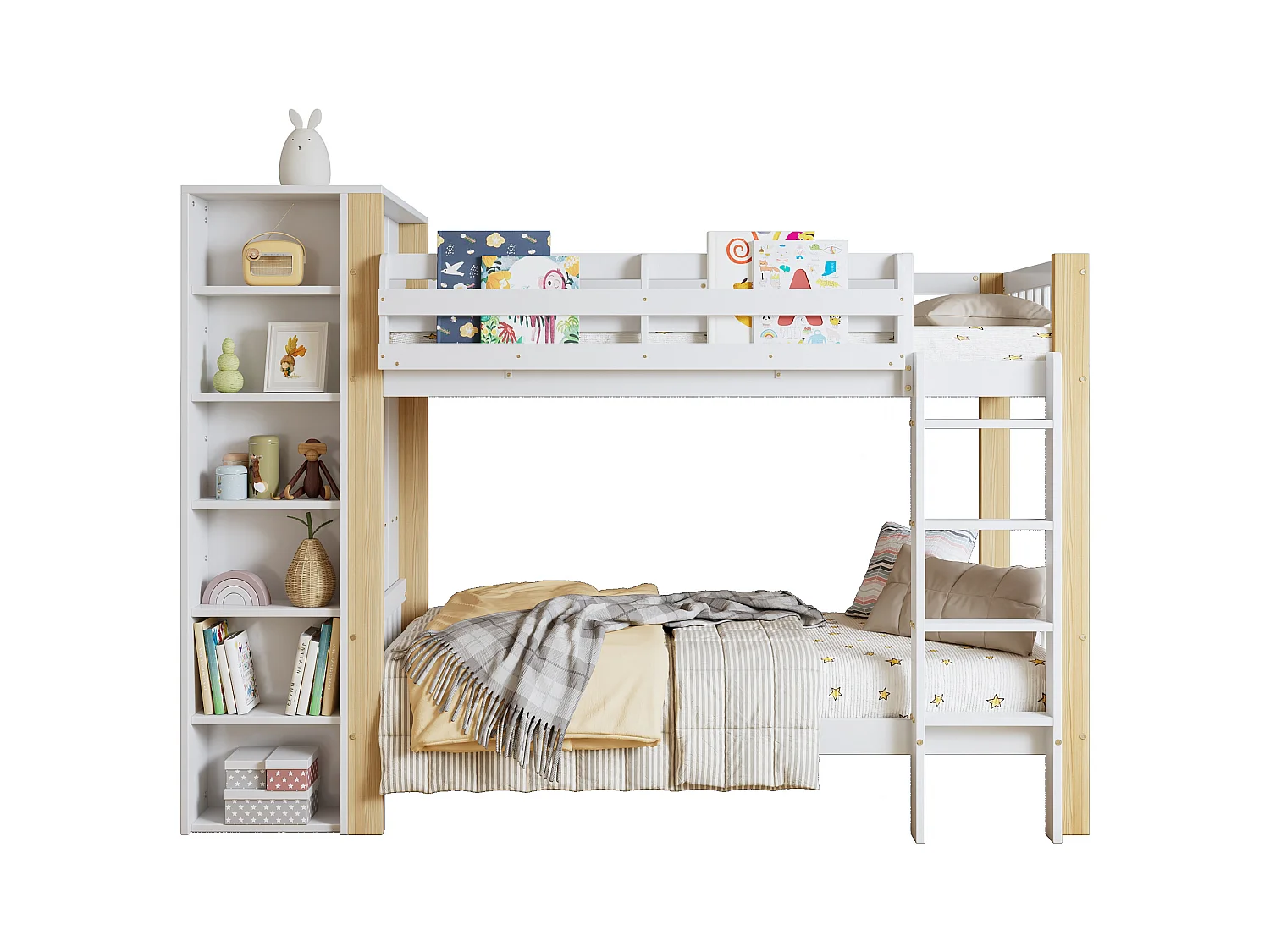 Litera infantil, protección, barandilla, escalera 4 peldaños, 6 estantes, armario lateral, almacenaje, pino+PB, blanco+natural, 90x200cm