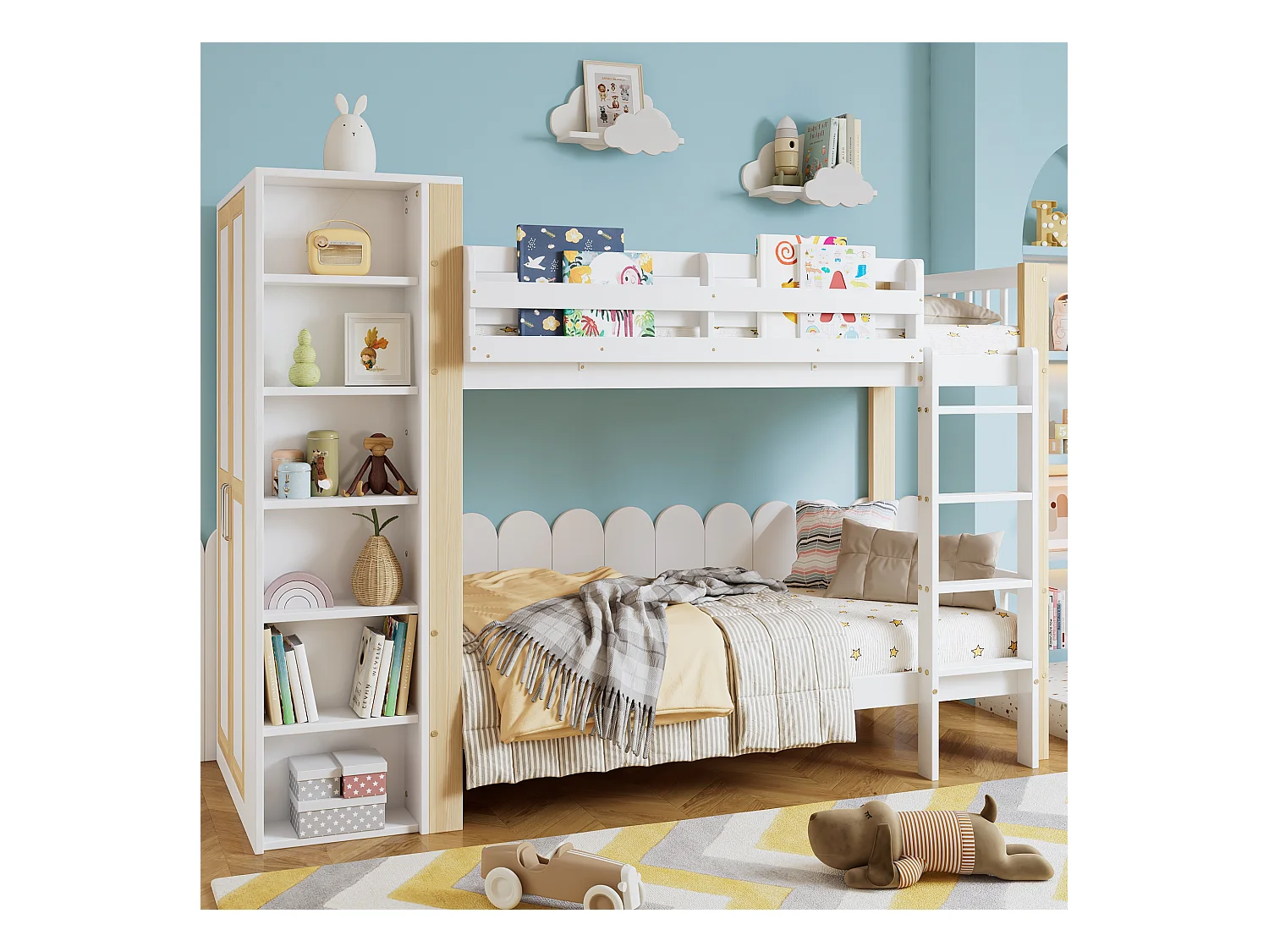 Litera infantil, protección, barandilla, escalera 4 peldaños, 6 estantes, armario lateral, almacenaje, pino+PB, blanco+natural, 90x200cm