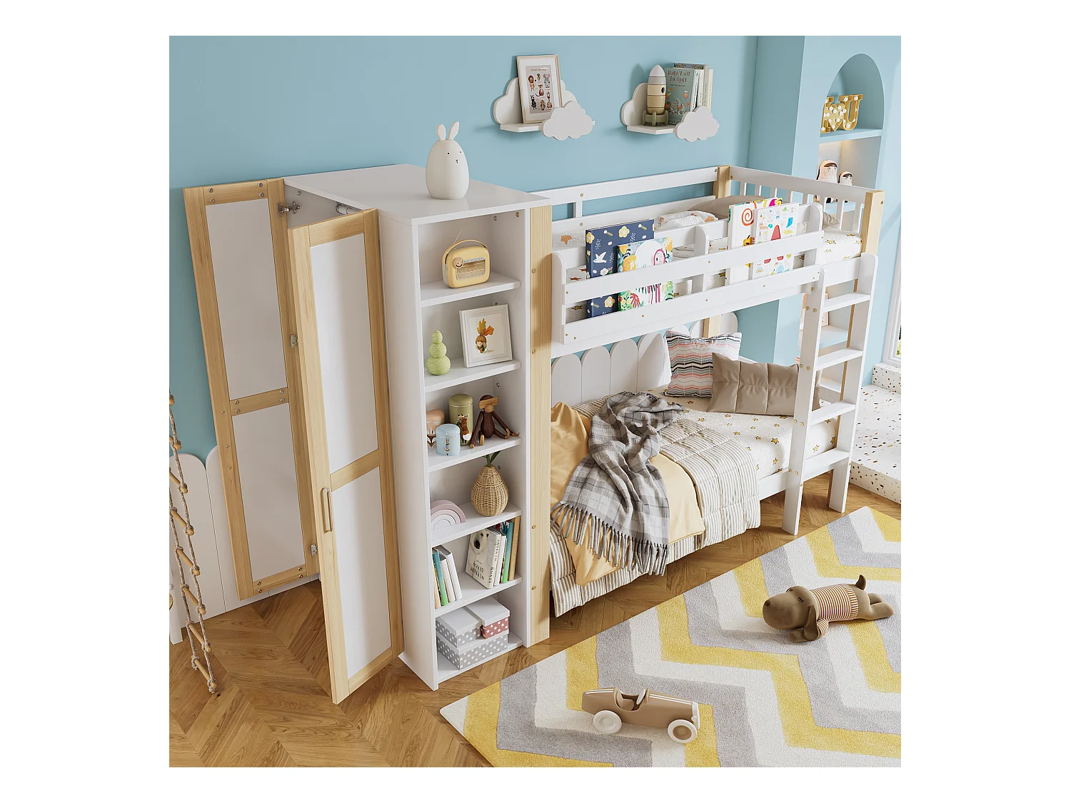 Litera infantil, protección, barandilla, escalera 4 peldaños, 6 estantes, armario lateral, almacenaje, pino+PB, blanco+natural, 90x200cm