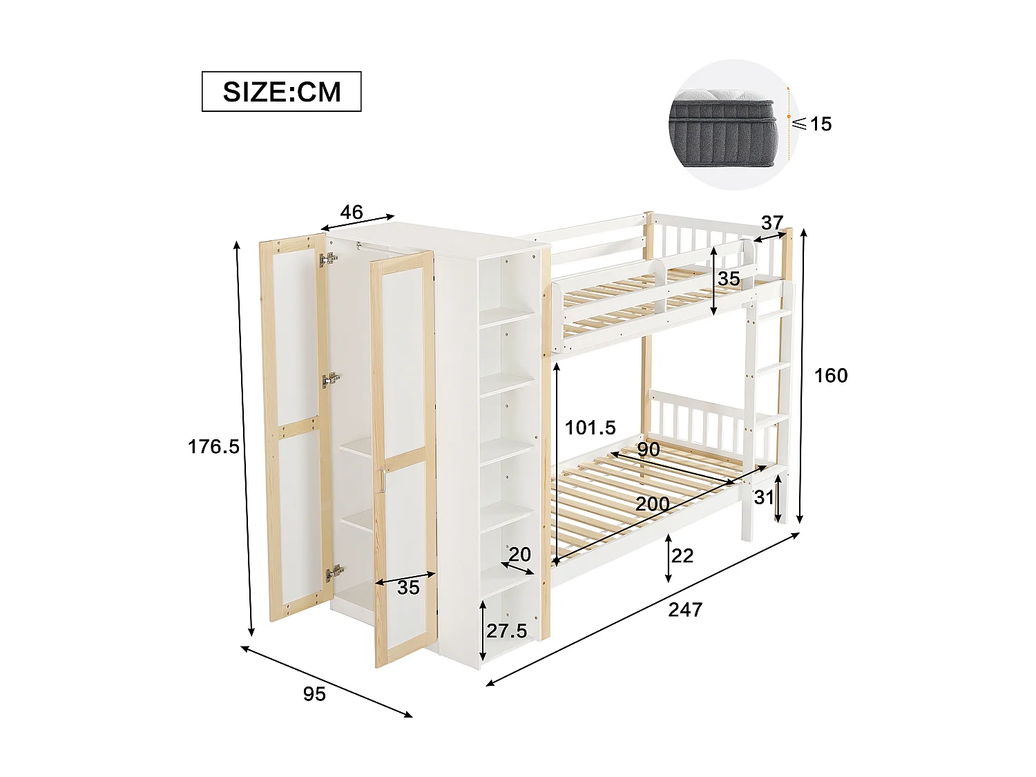 Beliche infantil, proteção, escada 4 degraus, 6 prateleiras, guarda-roupa, pinho+PB, branco+natural, 90x200cm