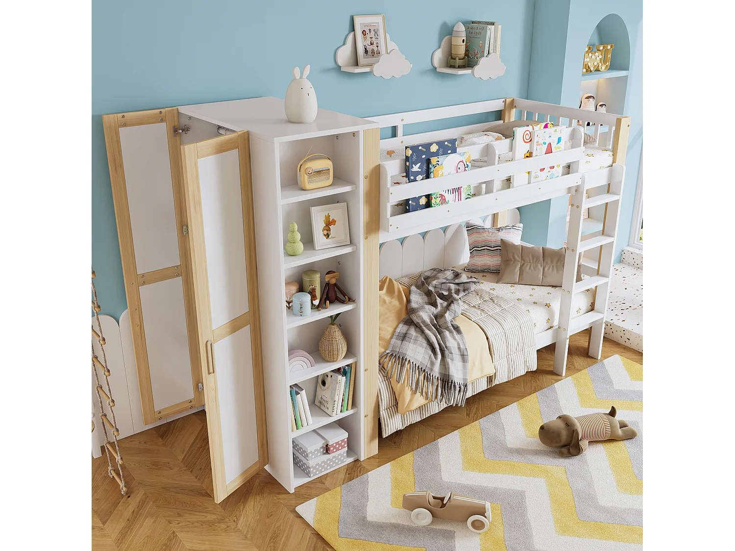 Beliche infantil, proteção, escada 4 degraus, 6 prateleiras, guarda-roupa, pinho+PB, branco+natural, 90x200cm