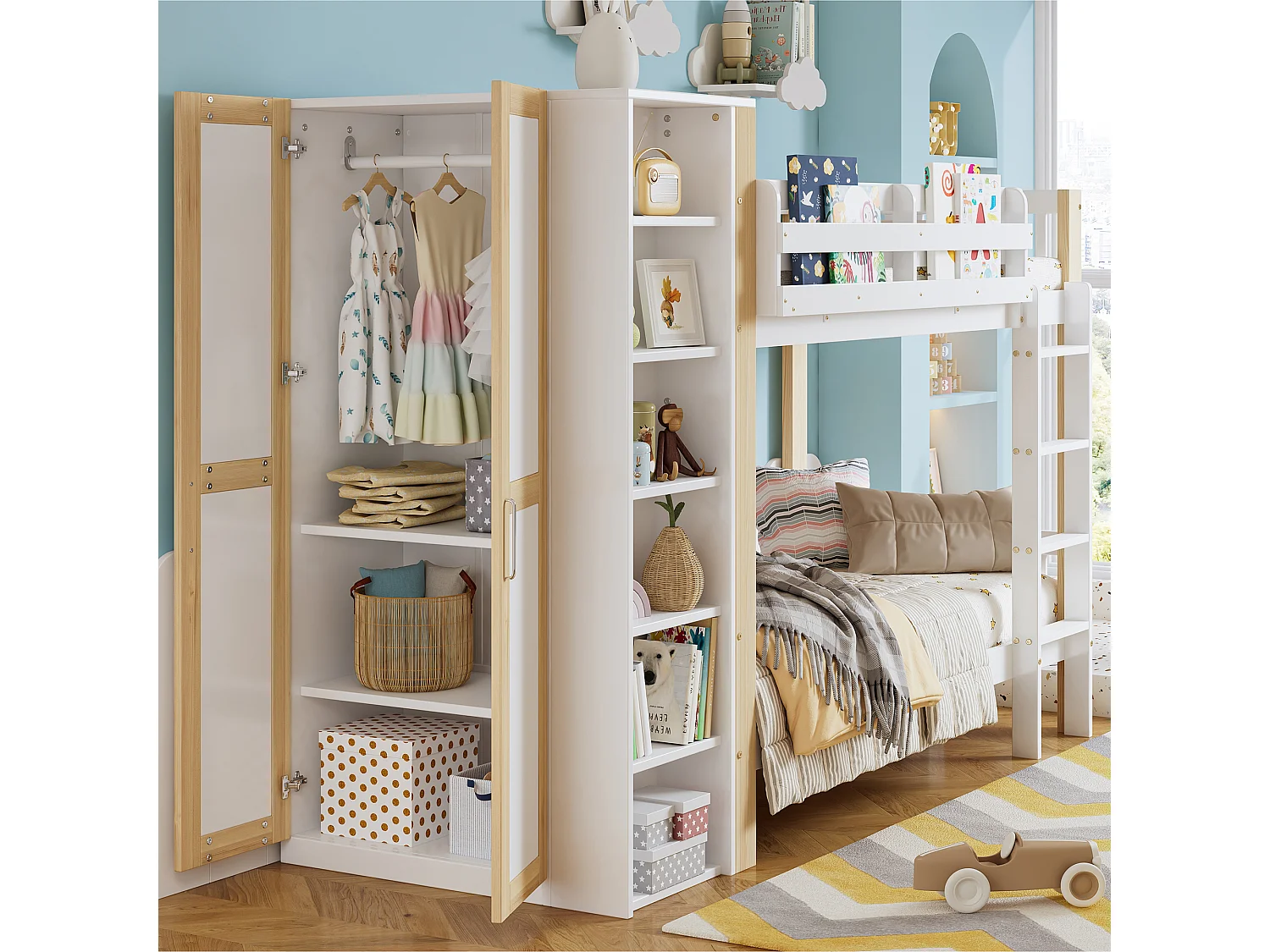 Beliche infantil, proteção, escada 4 degraus, 6 prateleiras, guarda-roupa, pinho+PB, branco+natural, 90x200cm