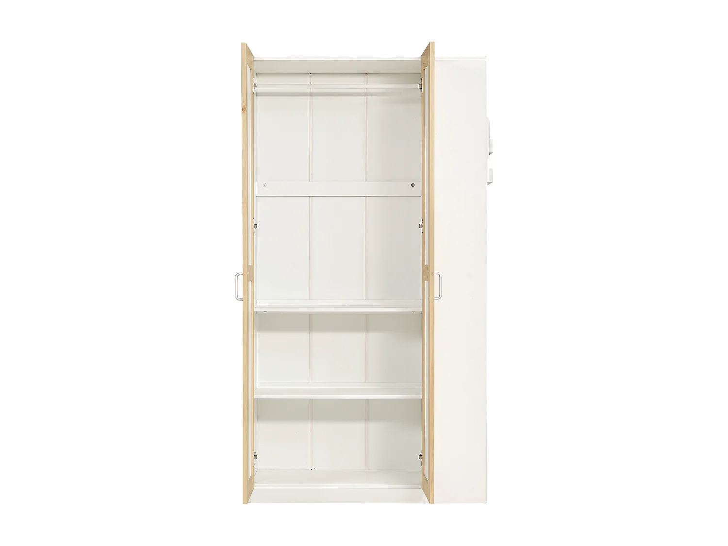 Beliche infantil, proteção, escada 4 degraus, 6 prateleiras, guarda-roupa, pinho+PB, branco+natural, 90x200cm