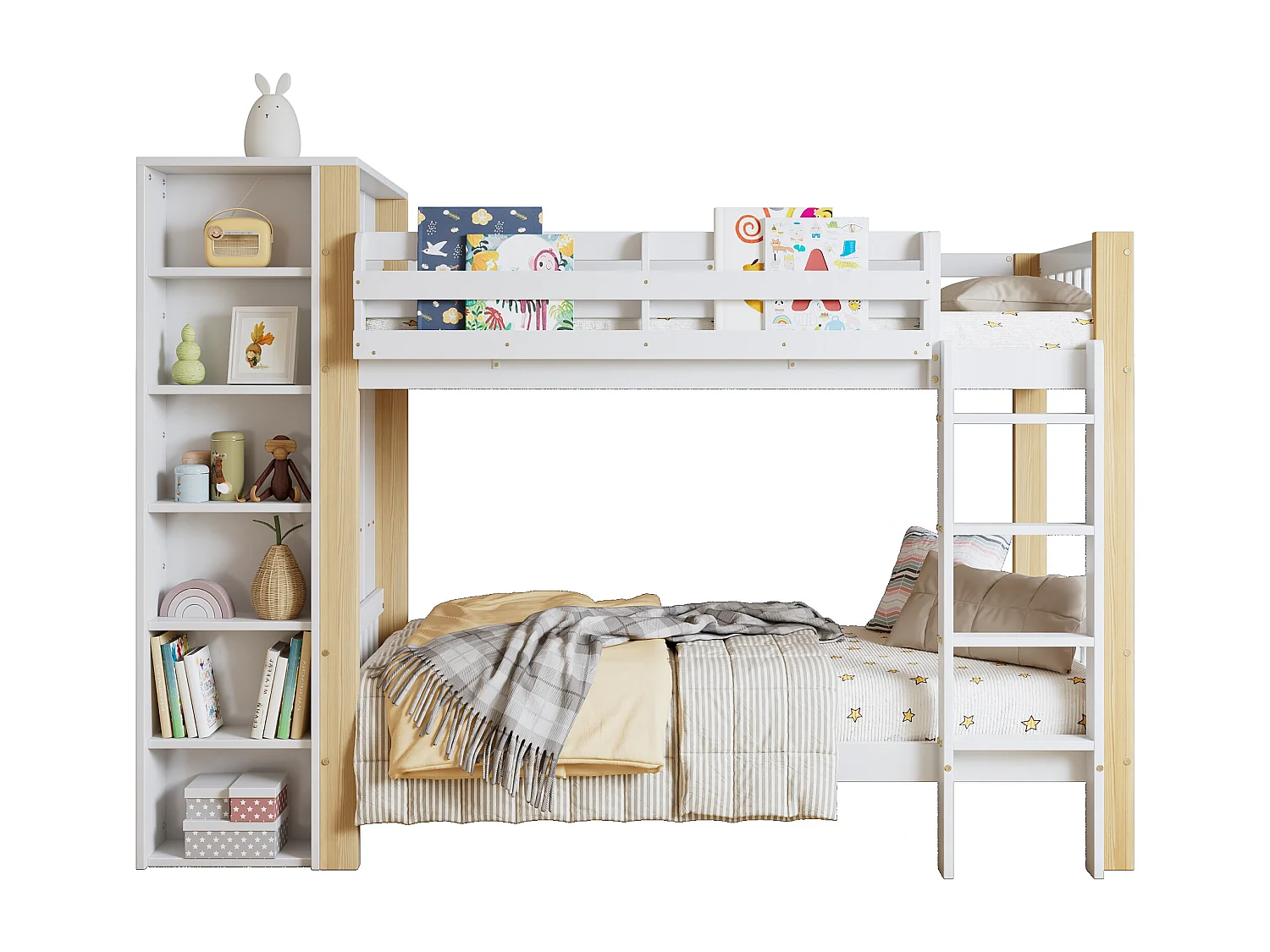 Letto a castello per bambini, protezione, ringhiera, scaletta a 4 gradini, 6 ripiani, mobiletto laterale, contenitore, pino+PB, bianco+naturale, 90x200cm