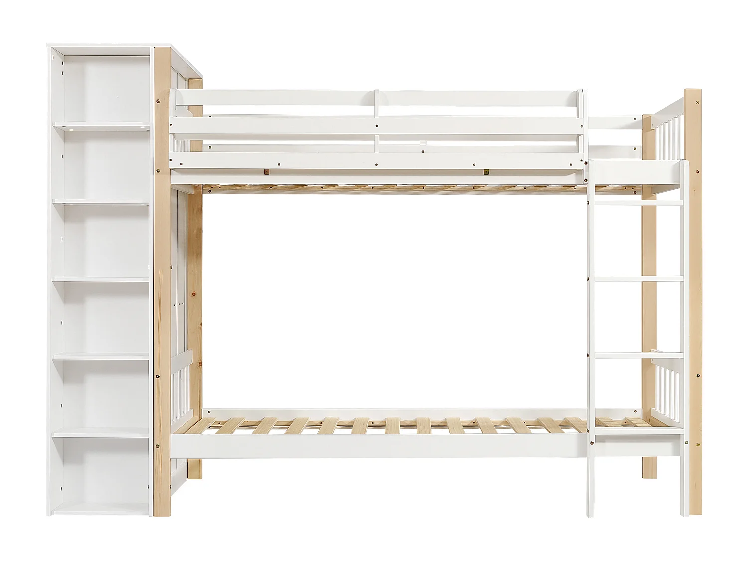 Letto a castello per bambini, protezione, ringhiera, scaletta a 4 gradini, 6 ripiani, mobiletto laterale, contenitore, pino+PB, bianco+naturale, 90x200cm