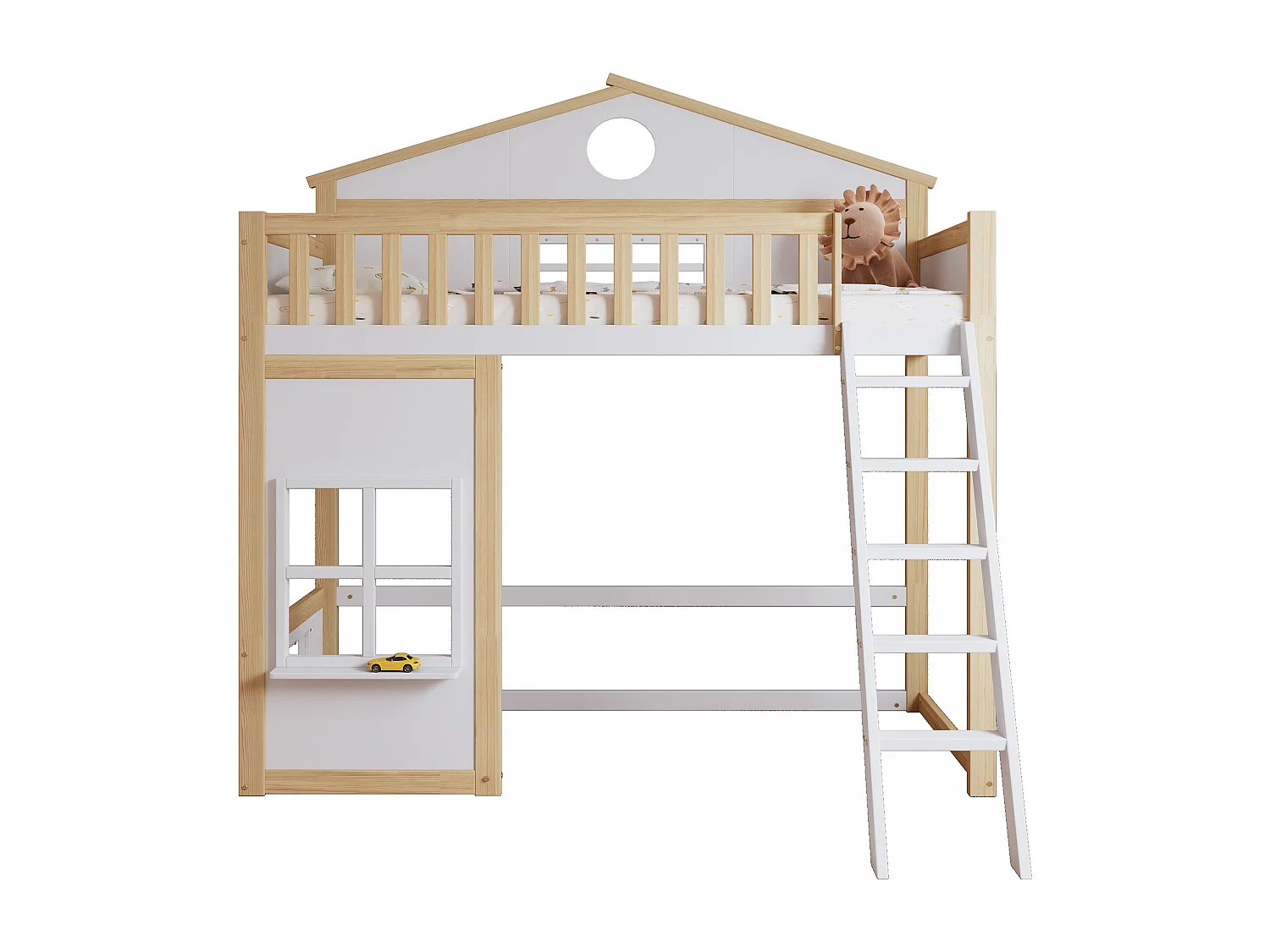 Stapelbed, ladder, bescherming, leuningen, dak, raam, grenen + MDF, wit + naturel, 90x200cm
