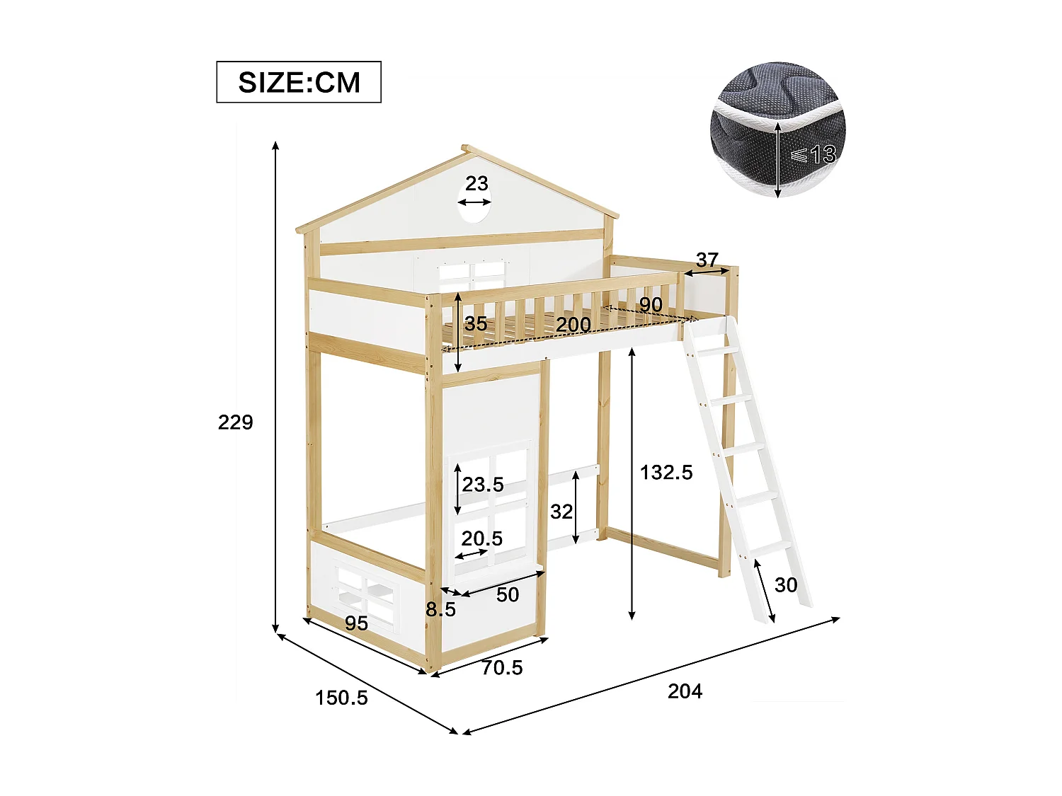 Stapelbed, ladder, bescherming, leuningen, dak, raam, grenen + MDF, wit + naturel, 90x200cm