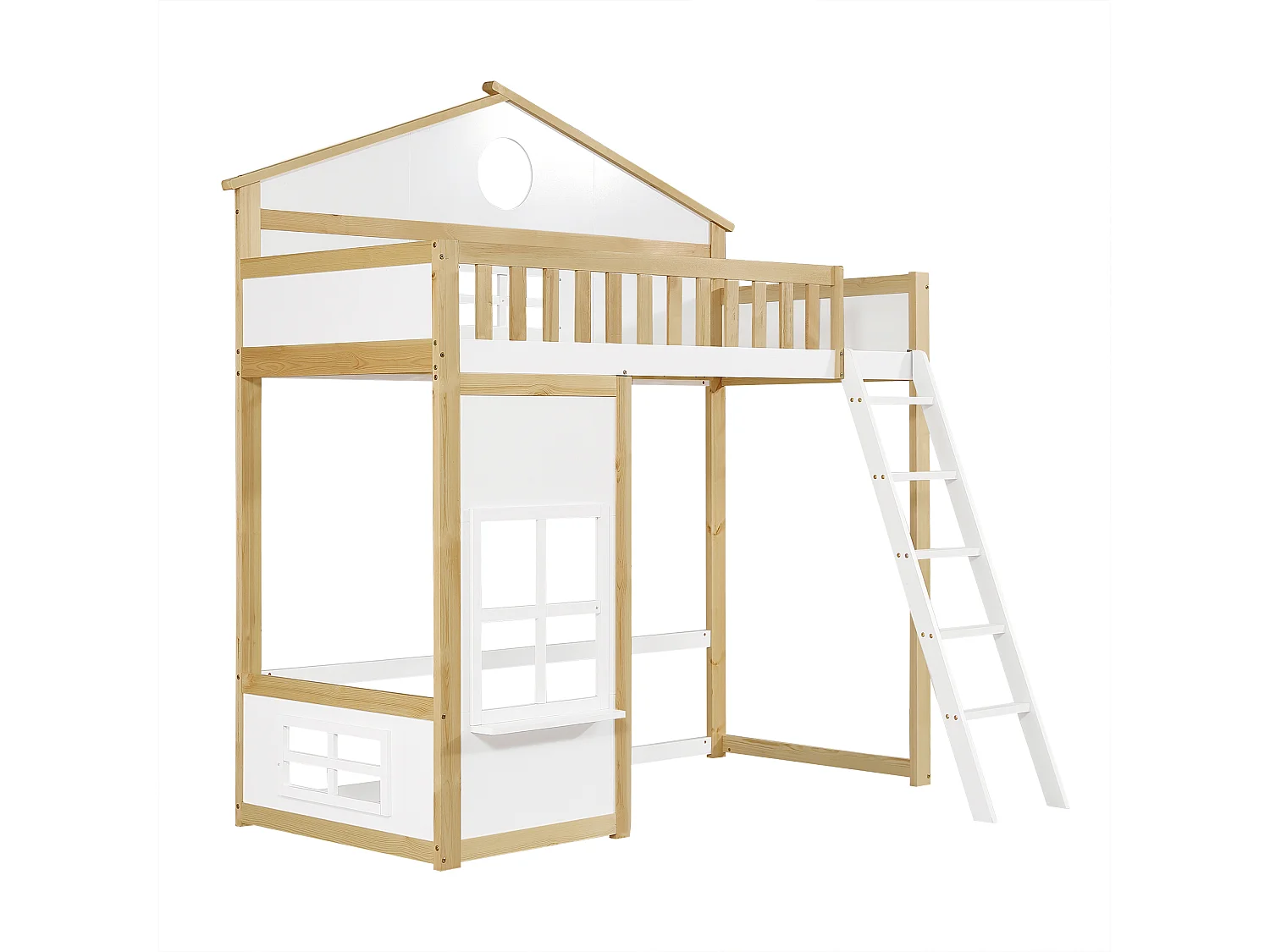 Stapelbed, ladder, bescherming, leuningen, dak, raam, grenen + MDF, wit + naturel, 90x200cm