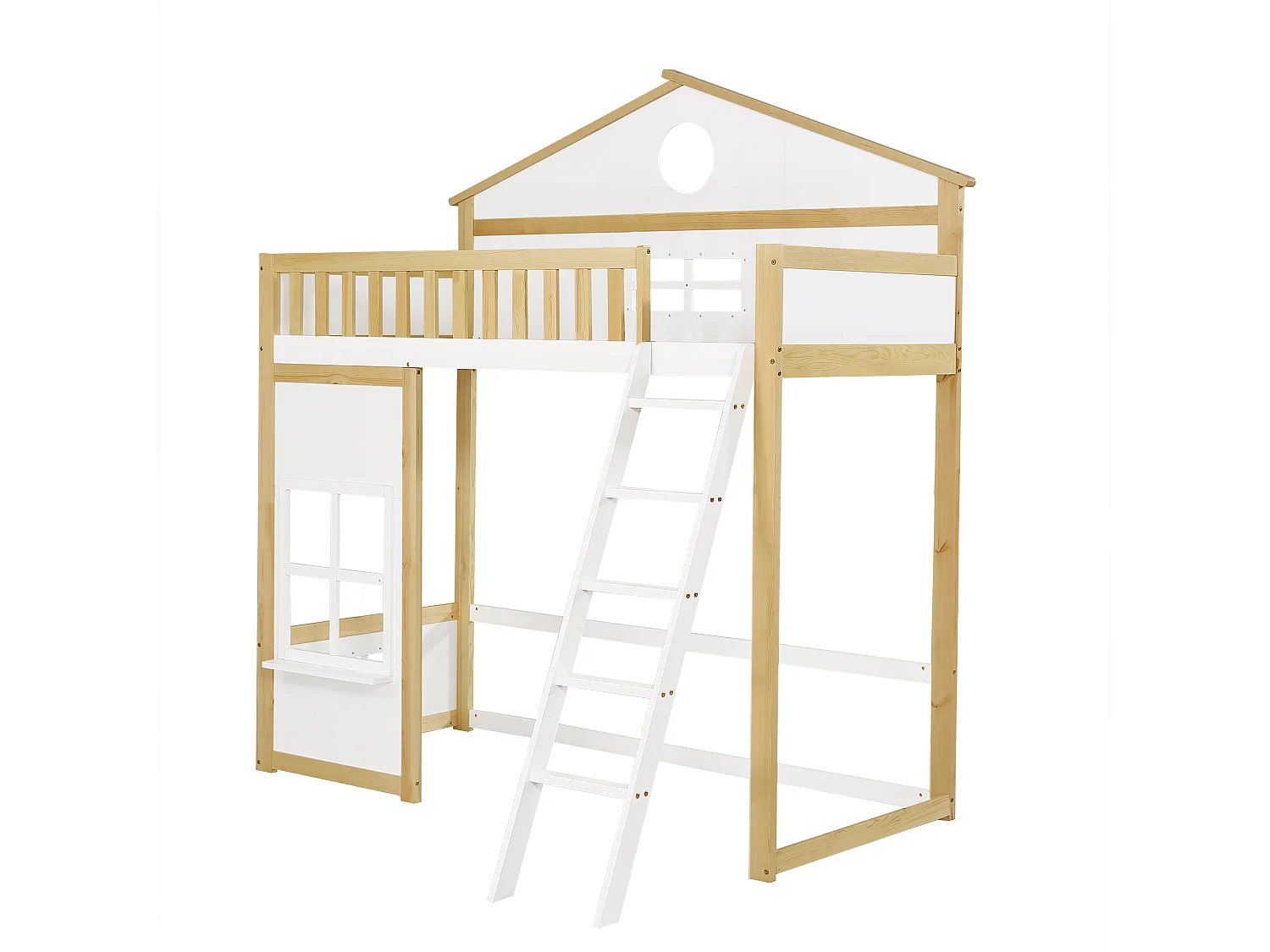 Stapelbed, ladder, bescherming, leuningen, dak, raam, grenen + MDF, wit + naturel, 90x200cm