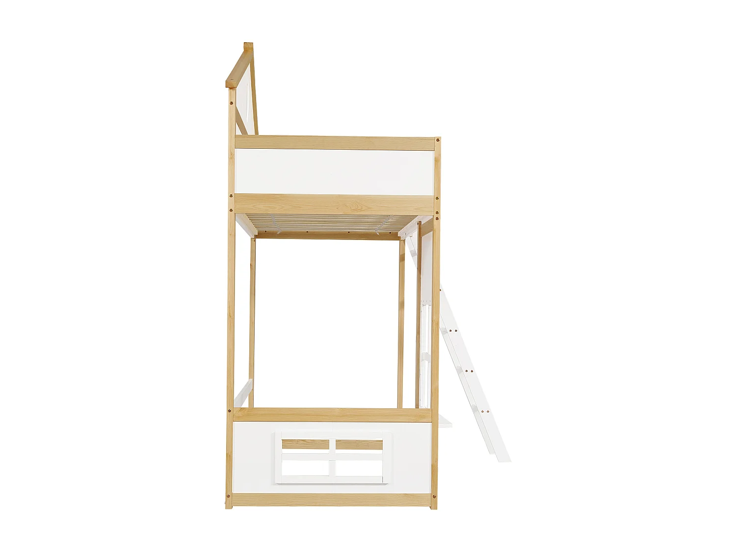 Stapelbed, ladder, bescherming, leuningen, dak, raam, grenen + MDF, wit + naturel, 90x200cm