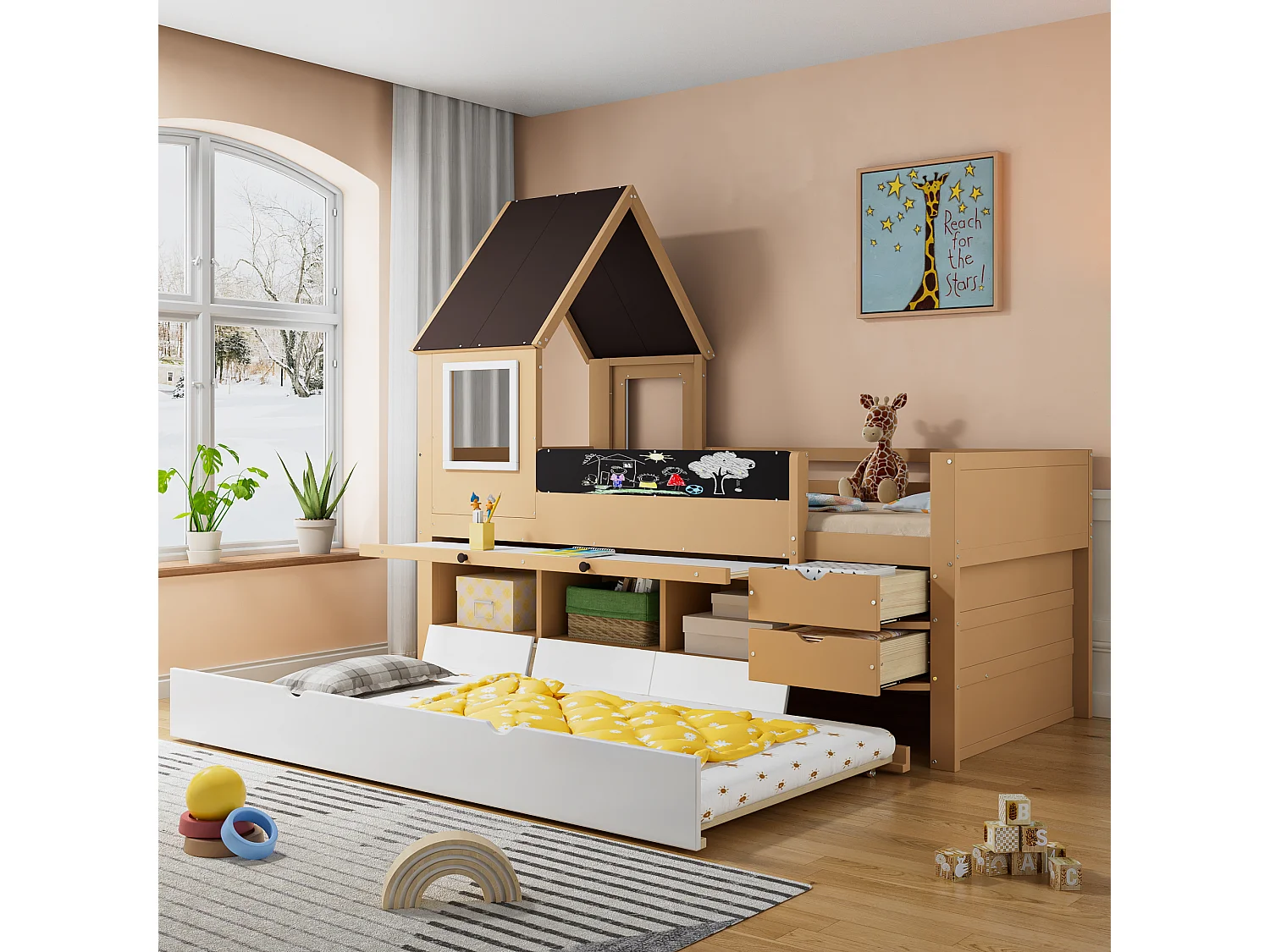 Boomhut stapelbed, lades, uitschuifbed, tafel, opbergruimte, raam, graffiti, grenen + MDF, wit + naturel, 90x200/190cm