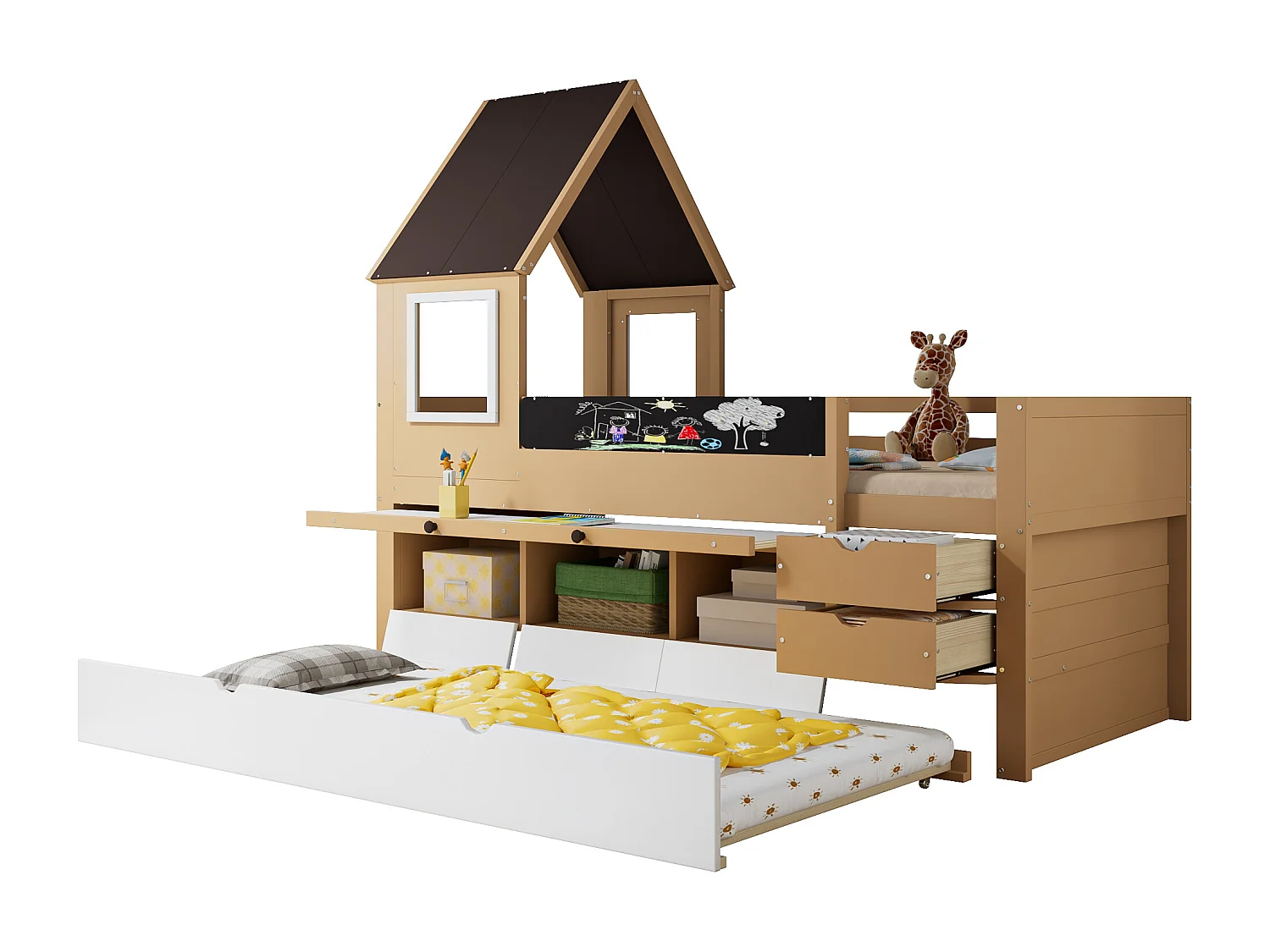 Boomhut stapelbed, lades, uitschuifbed, tafel, opbergruimte, raam, graffiti, grenen + MDF, wit + naturel, 90x200/190cm