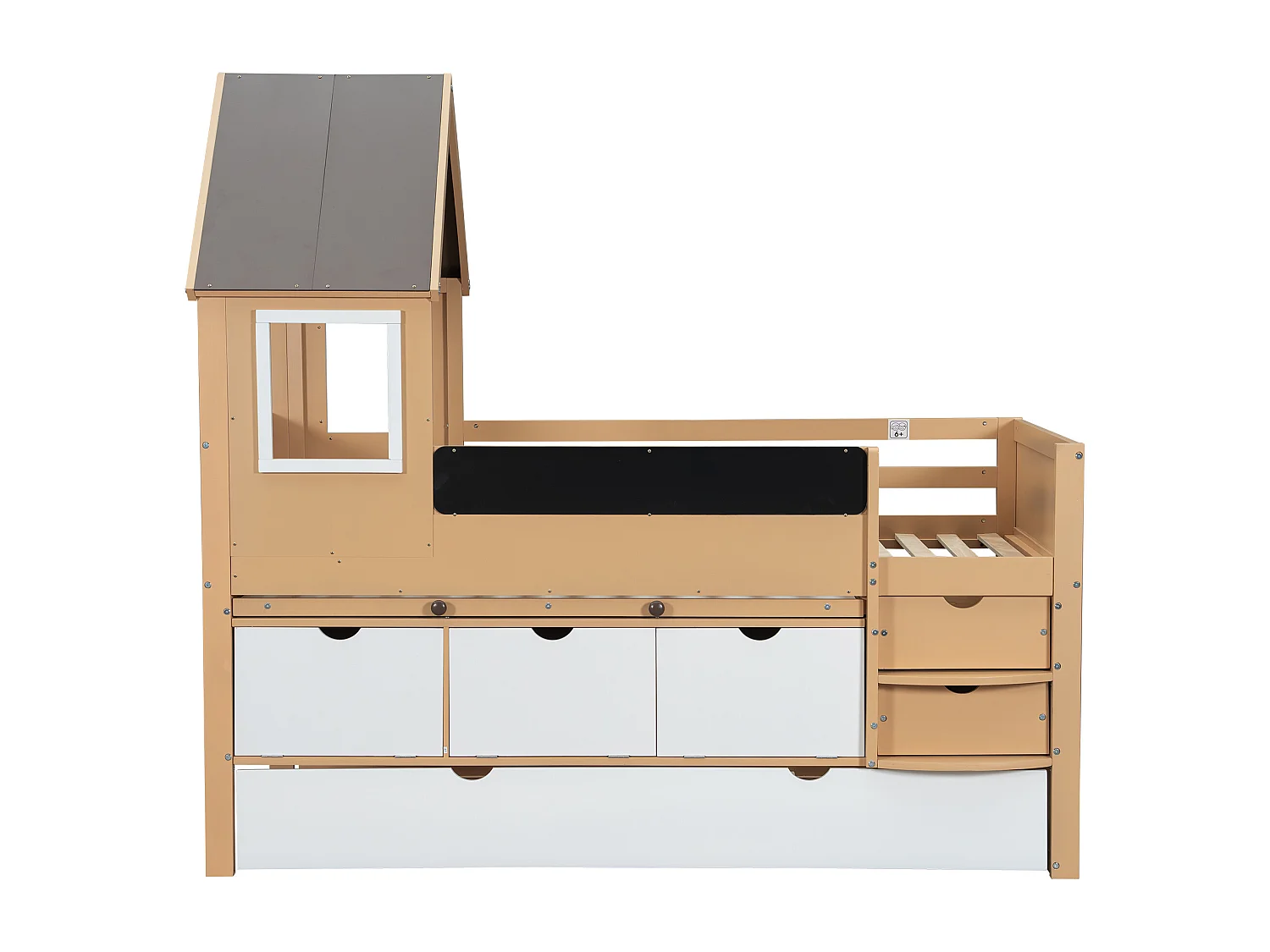 Boomhut stapelbed, lades, uitschuifbed, tafel, opbergruimte, raam, graffiti, grenen + MDF, wit + naturel, 90x200/190cm