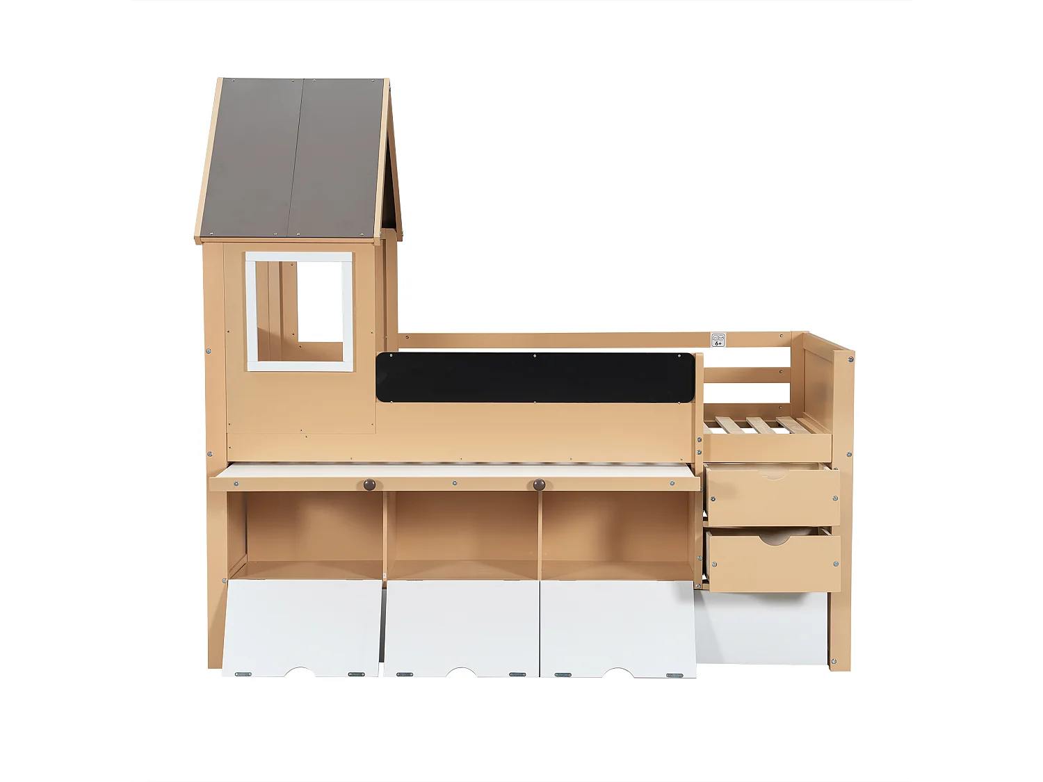 Boomhut stapelbed, lades, uitschuifbed, tafel, opbergruimte, raam, graffiti, grenen + MDF, wit + naturel, 90x200/190cm