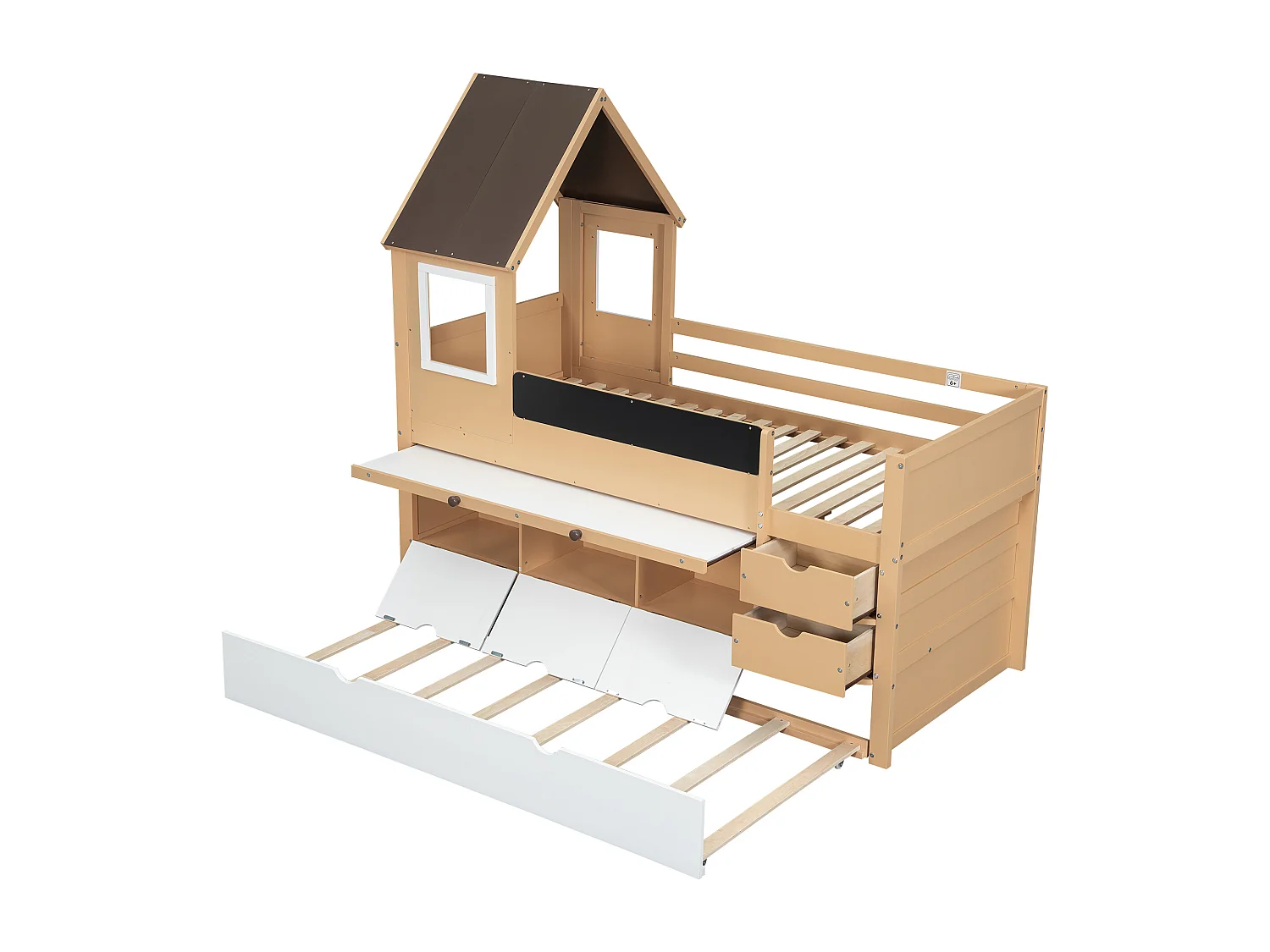 Boomhut stapelbed, lades, uitschuifbed, tafel, opbergruimte, raam, graffiti, grenen + MDF, wit + naturel, 90x200/190cm