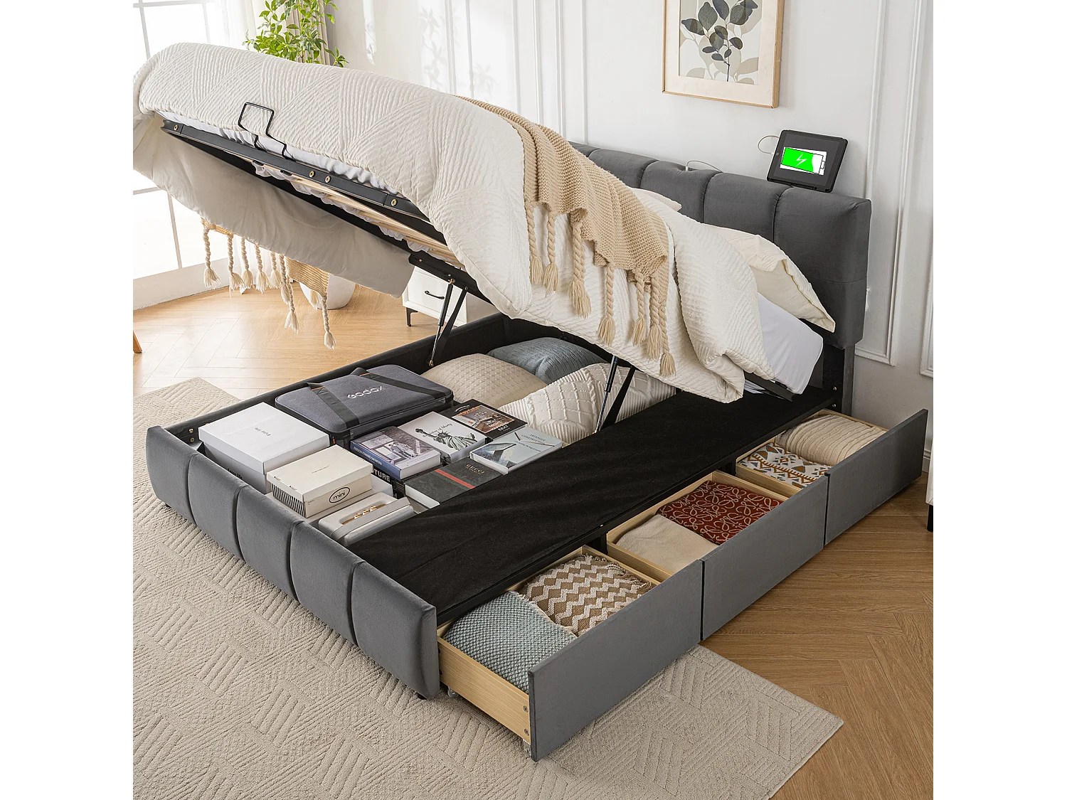 Lit double tapissé hydraulique, 3 tiroirs, tête de lit réglable, 3 ports de charge, mousse, rangement, velours, gris, 140x200cm