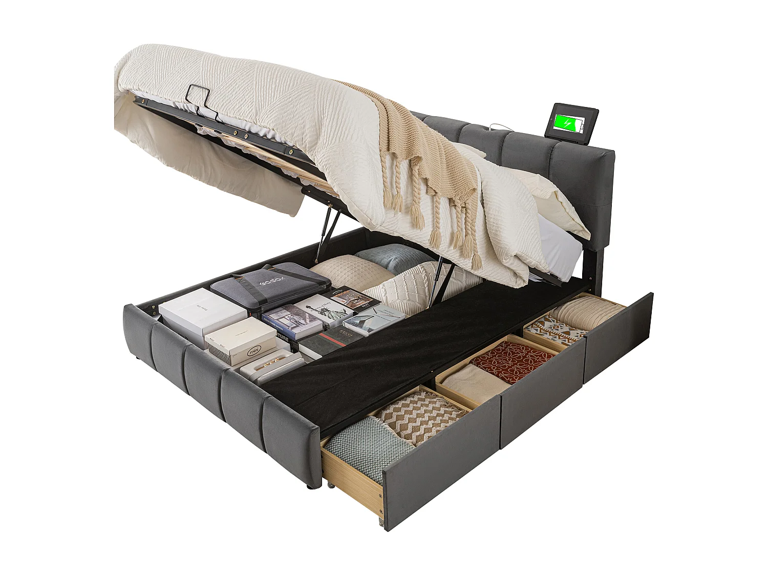 Lit double tapissé hydraulique, 3 tiroirs, tête de lit réglable, 3 ports de charge, mousse, rangement, velours, gris, 140x200cm