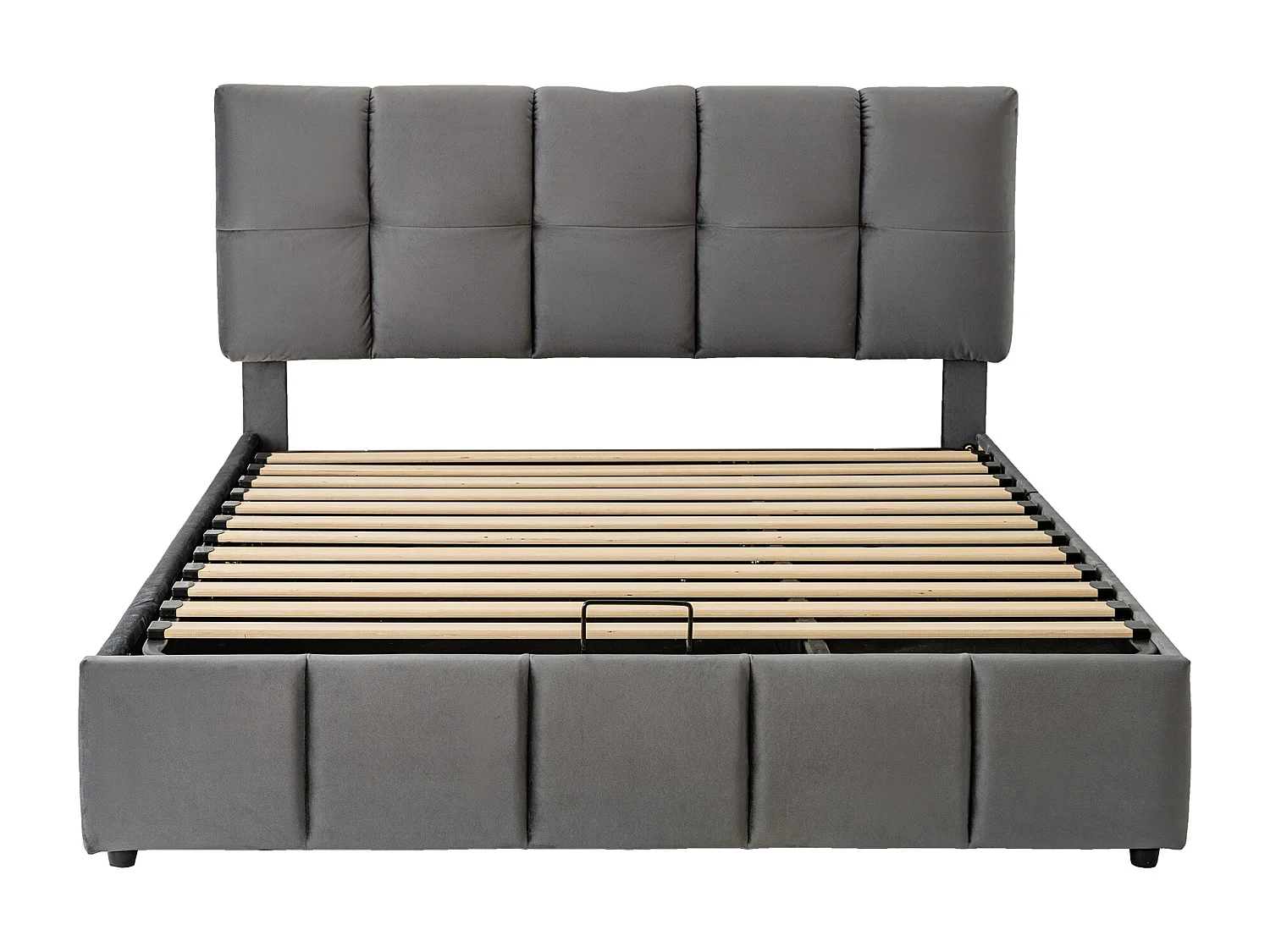 Lit double tapissé hydraulique, 3 tiroirs, tête de lit réglable, 3 ports de charge, mousse, rangement, velours, gris, 140x200cm