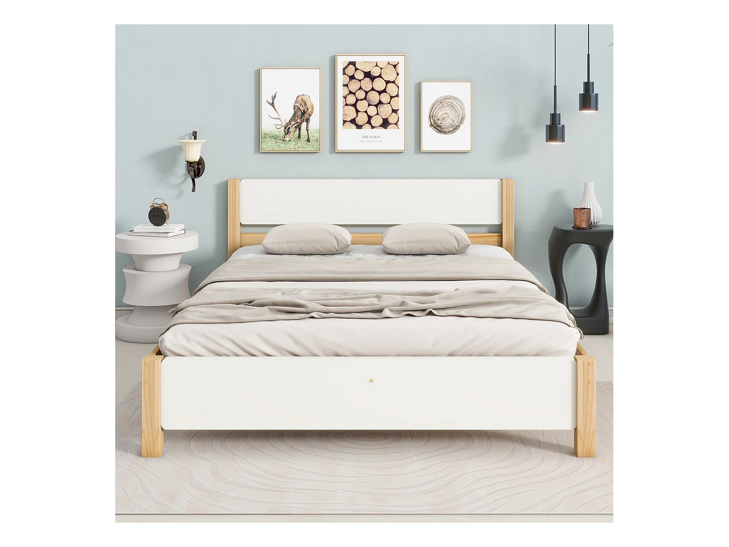 Lit double, lit en bois, cadre en pin avec pied central, lit jeune, lit adulte, avec tête et pied de lit en MDF, blanc + naturel, 140x200 cm