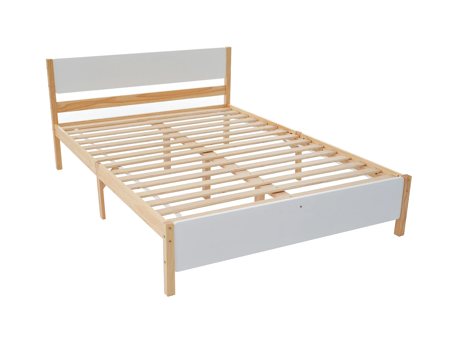 Lit double, lit en bois, cadre en pin avec pied central, lit jeune, lit adulte, avec tête et pied de lit en MDF, blanc + naturel, 140x200 cm